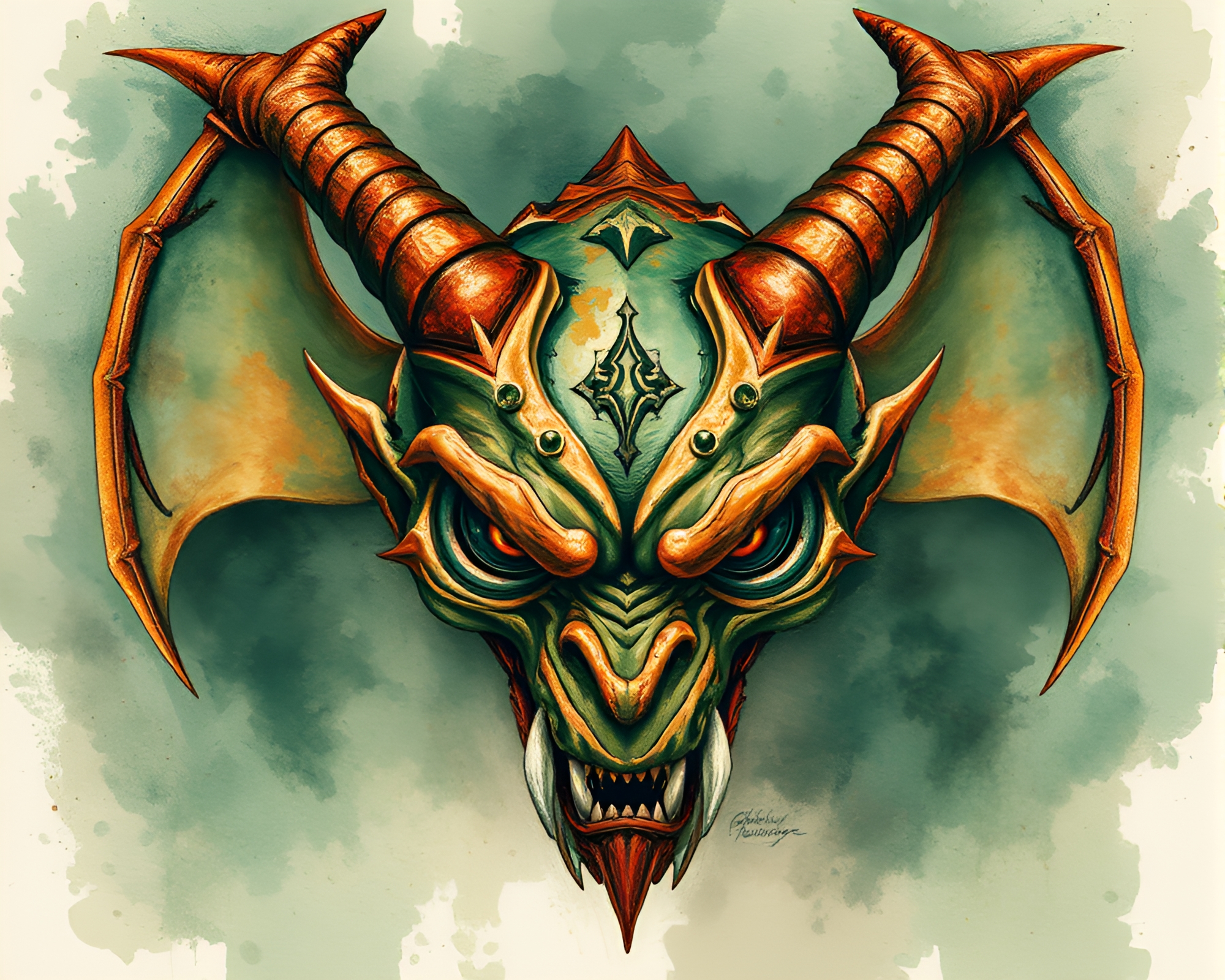 Cerberus Emerges Through Verdigris Copper Watercolor Chaos – free AI stock image