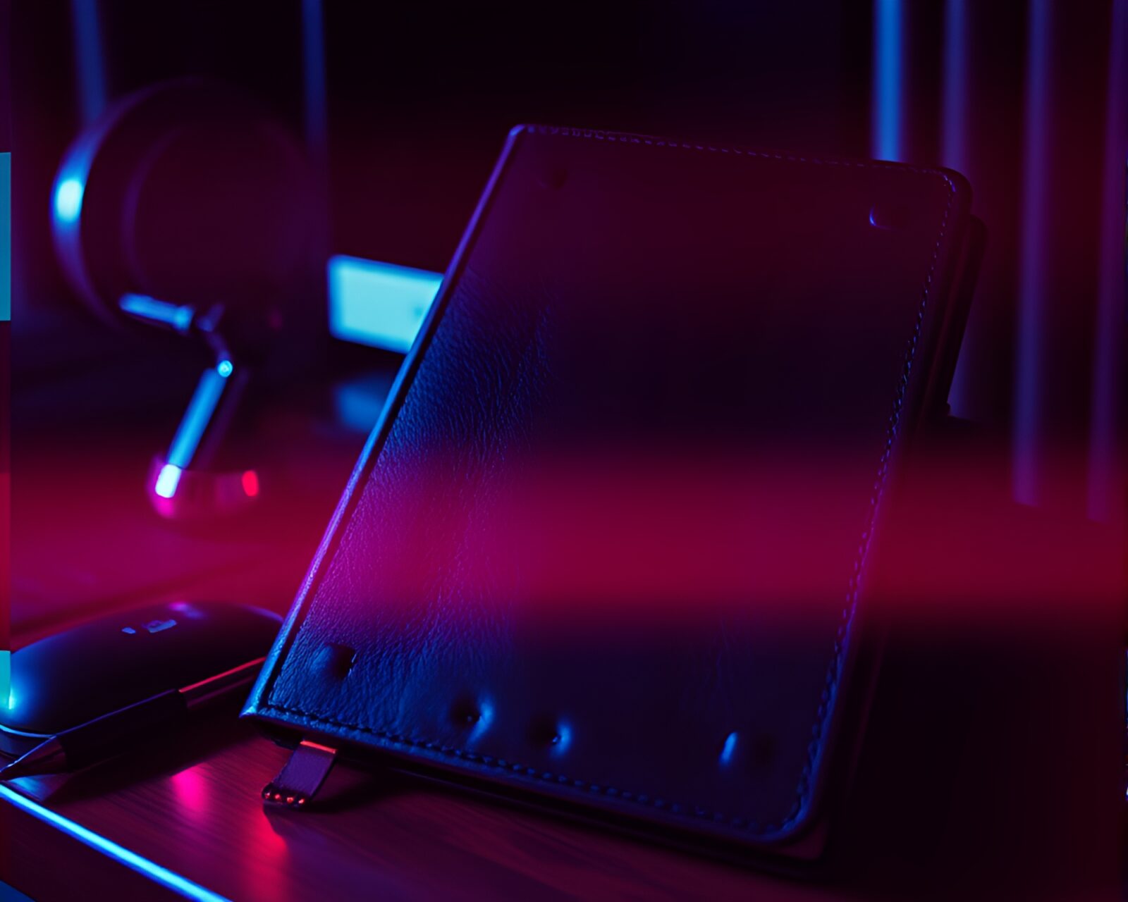 Glowing leather-bound journal in retro-colored haze with distortion