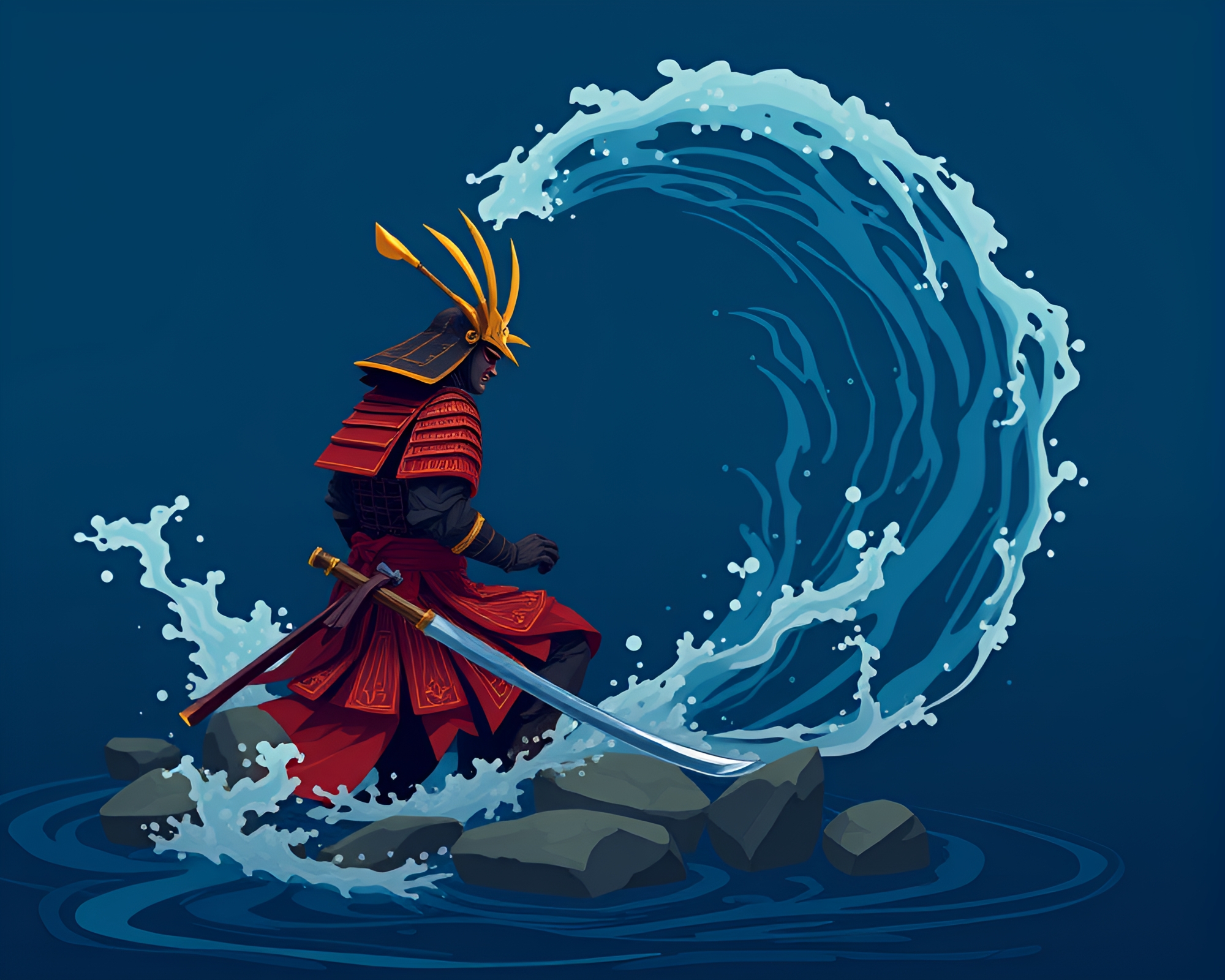 Samurai Warrior Facing Sapphire Water Whirlpool – free AI stock image