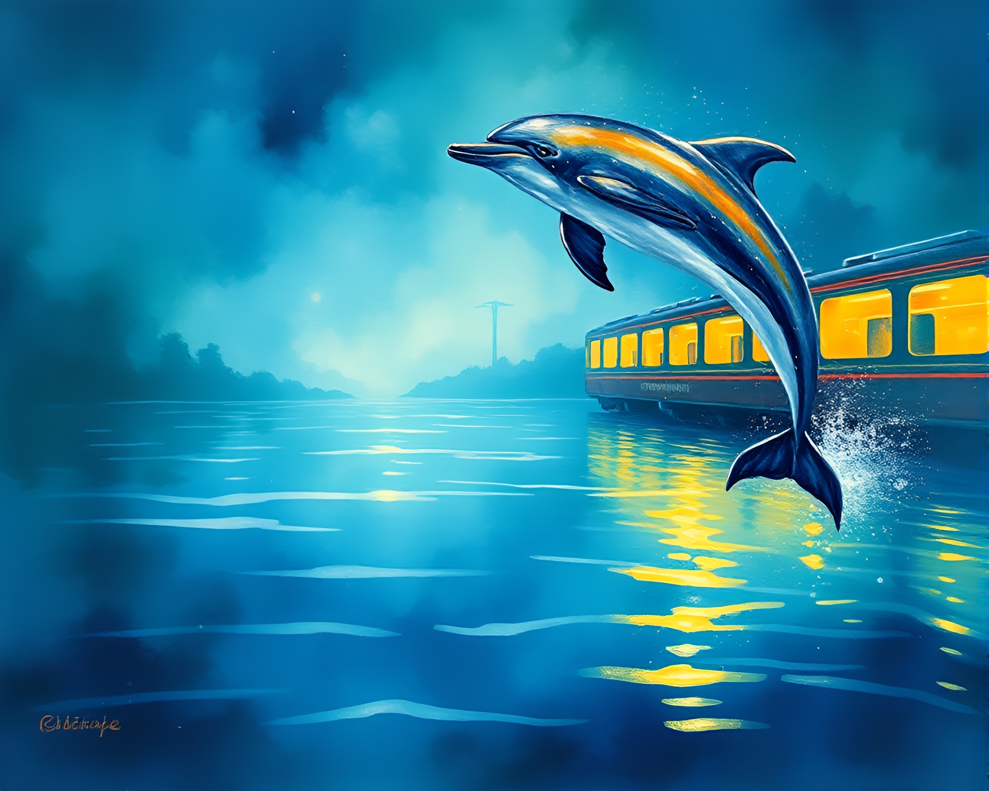 Watercolor painting of Amazon river dolphins amidst train light trails – free AI stock image