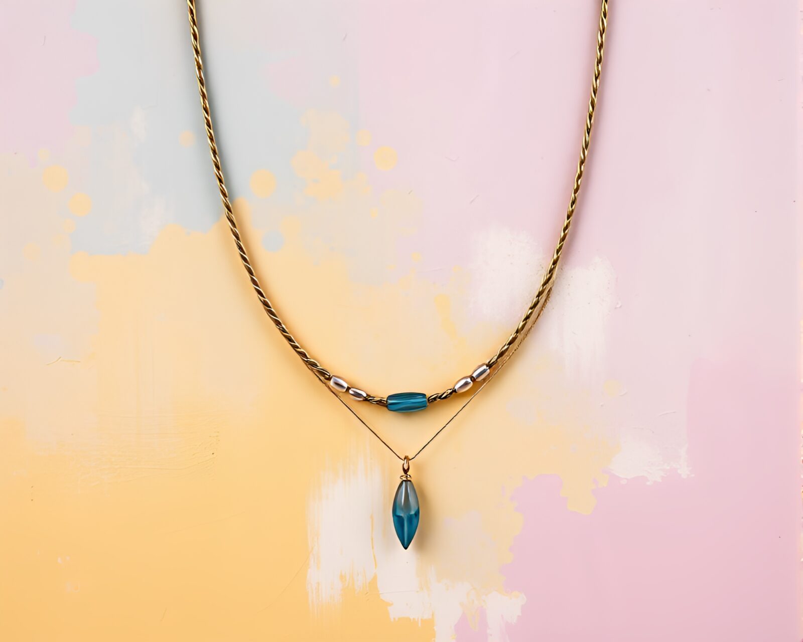 Dreamy pastel mural with intricate necklace details overlayed