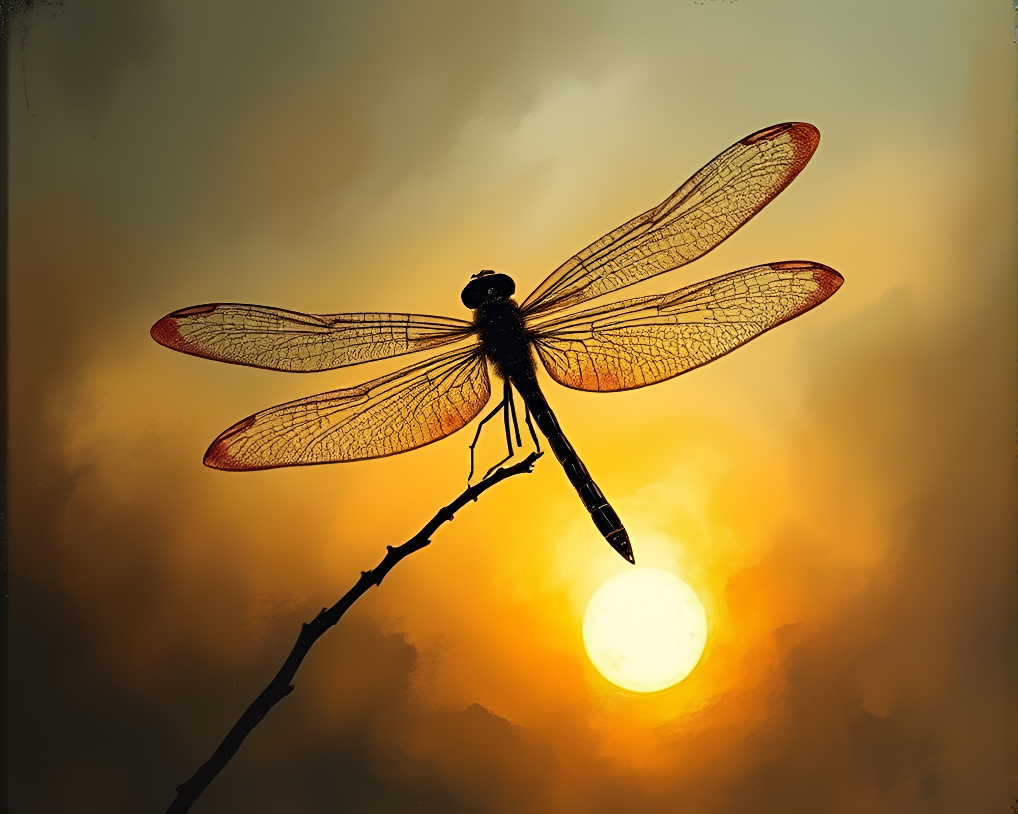 Dragonfly Dreams Charcoal Strokes at Golden Hour – free AI stock image