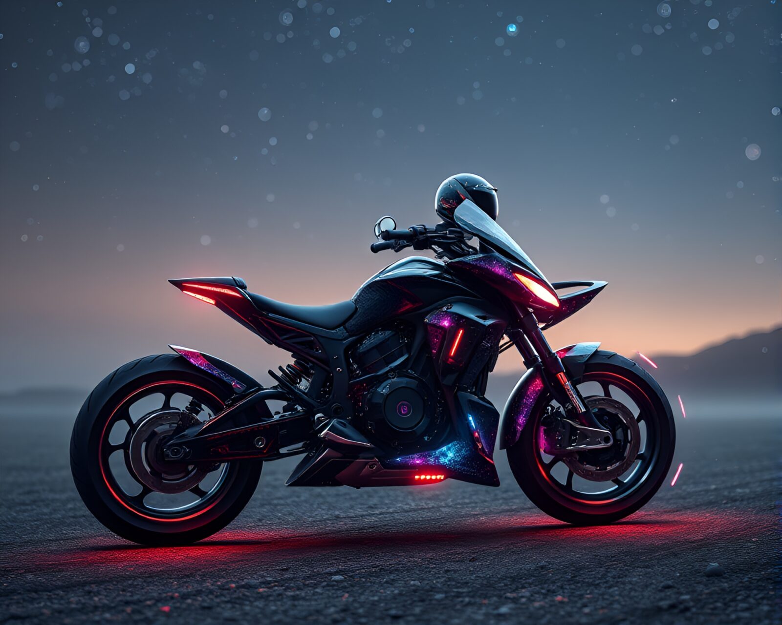 Ethereal hoverbike speeding through galaxy-inspired colors in darkness