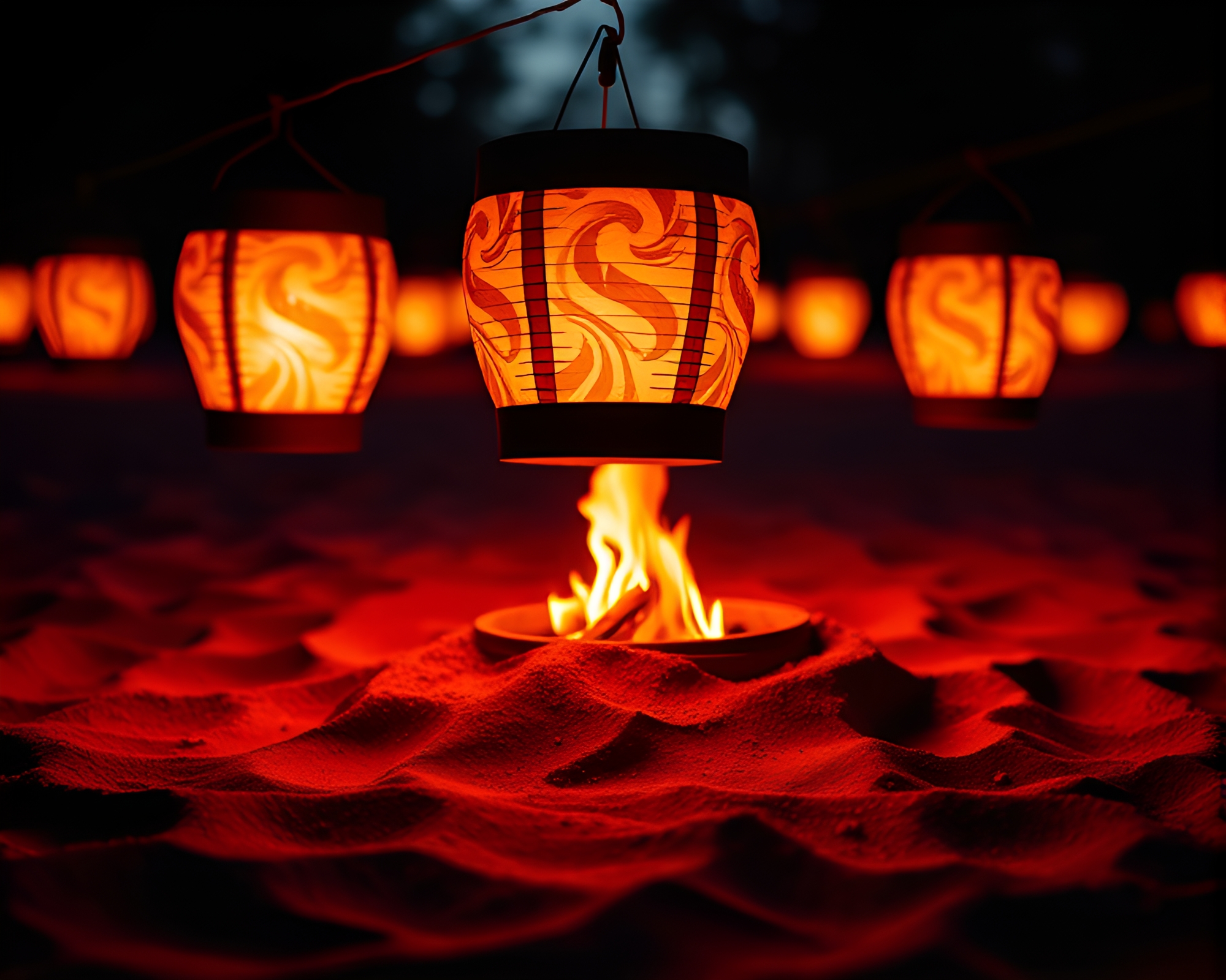 Swirling Sand Paper Lantern Bonfire Noir Composition – free AI stock image