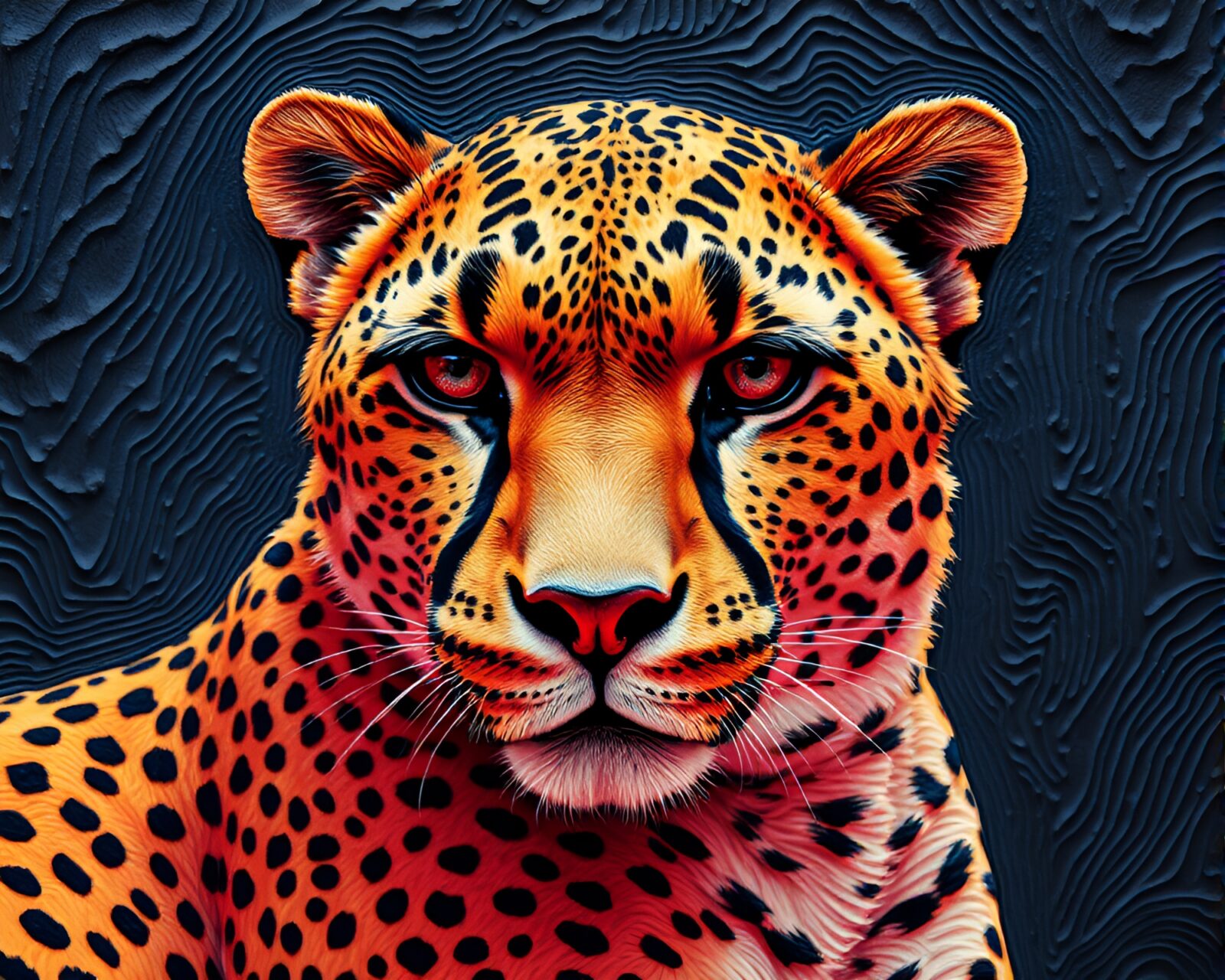 A textured oil painting of a mysterious cheetah in indigo hues