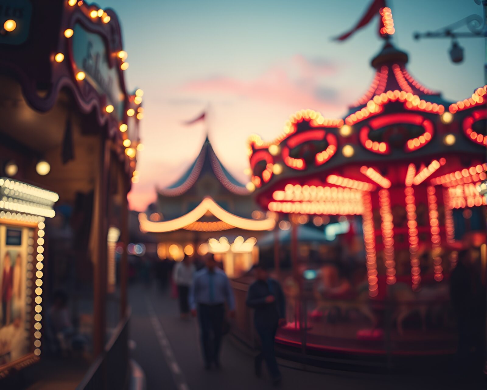 Editorial twilight carousel with selective focus during carnival dusk