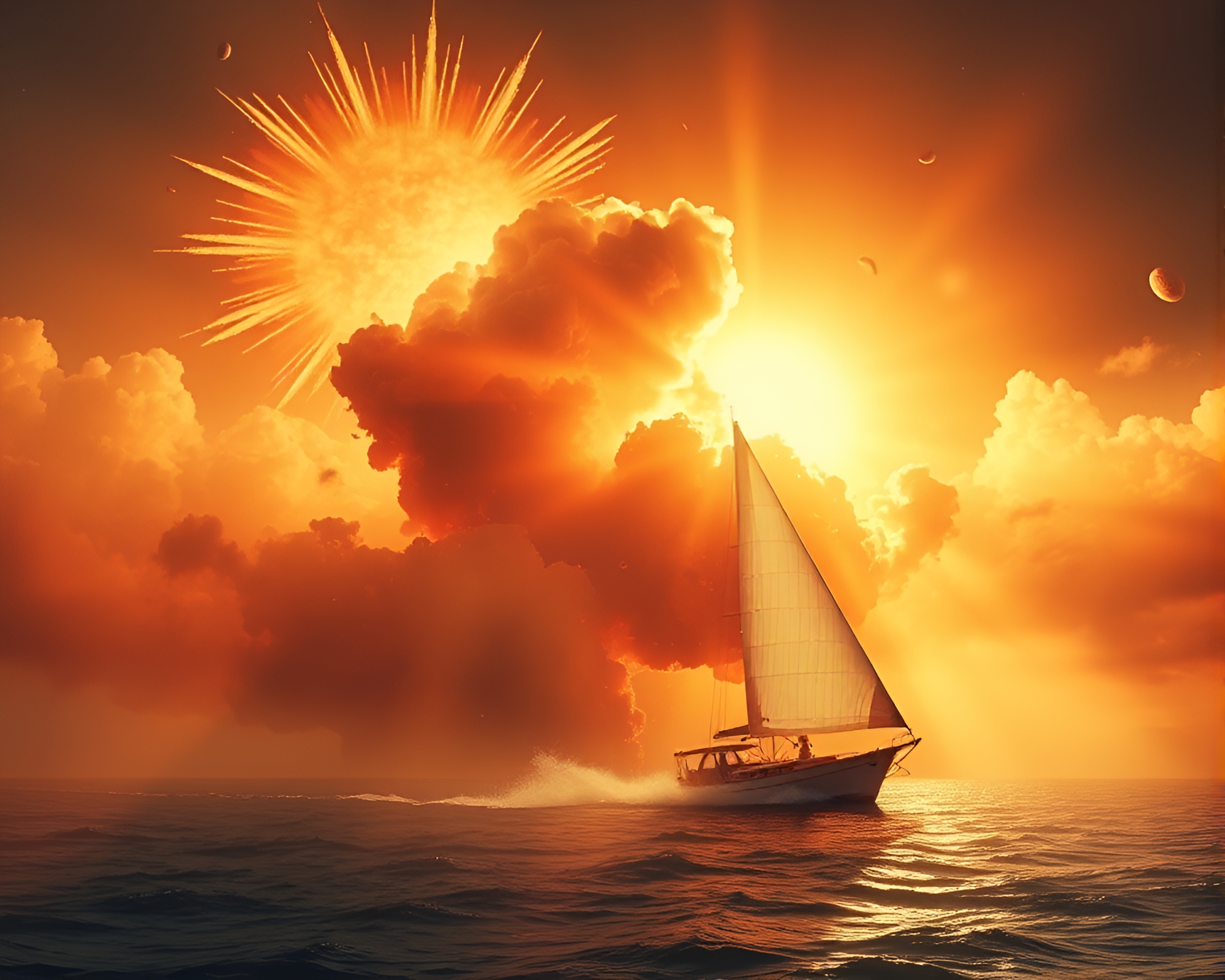 Solar sailboat engulfed in explosive smoky haze collage – free AI stock image