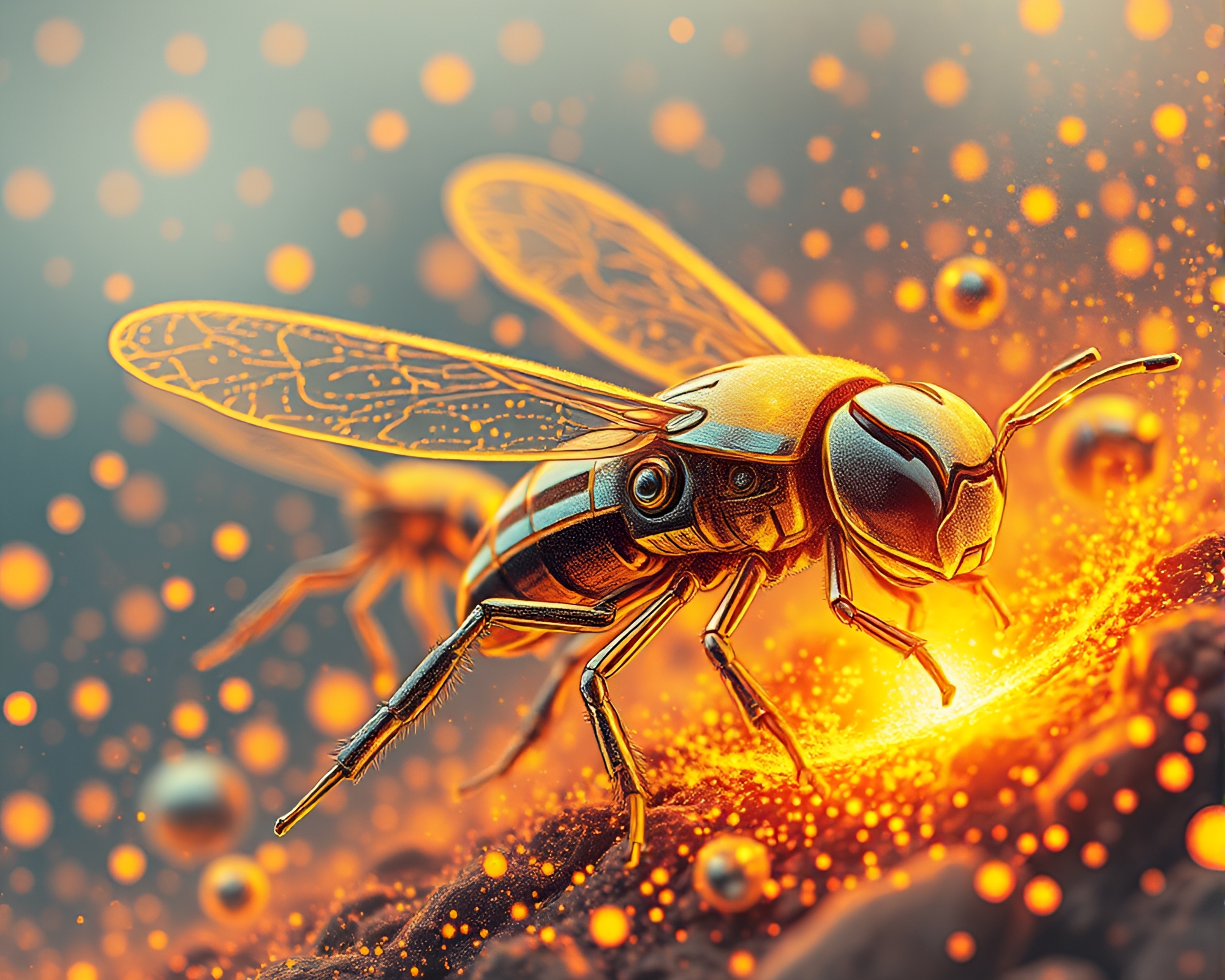 Nanobot Swarm Engraved Pastel Drawing at Golden Hour – free AI stock image
