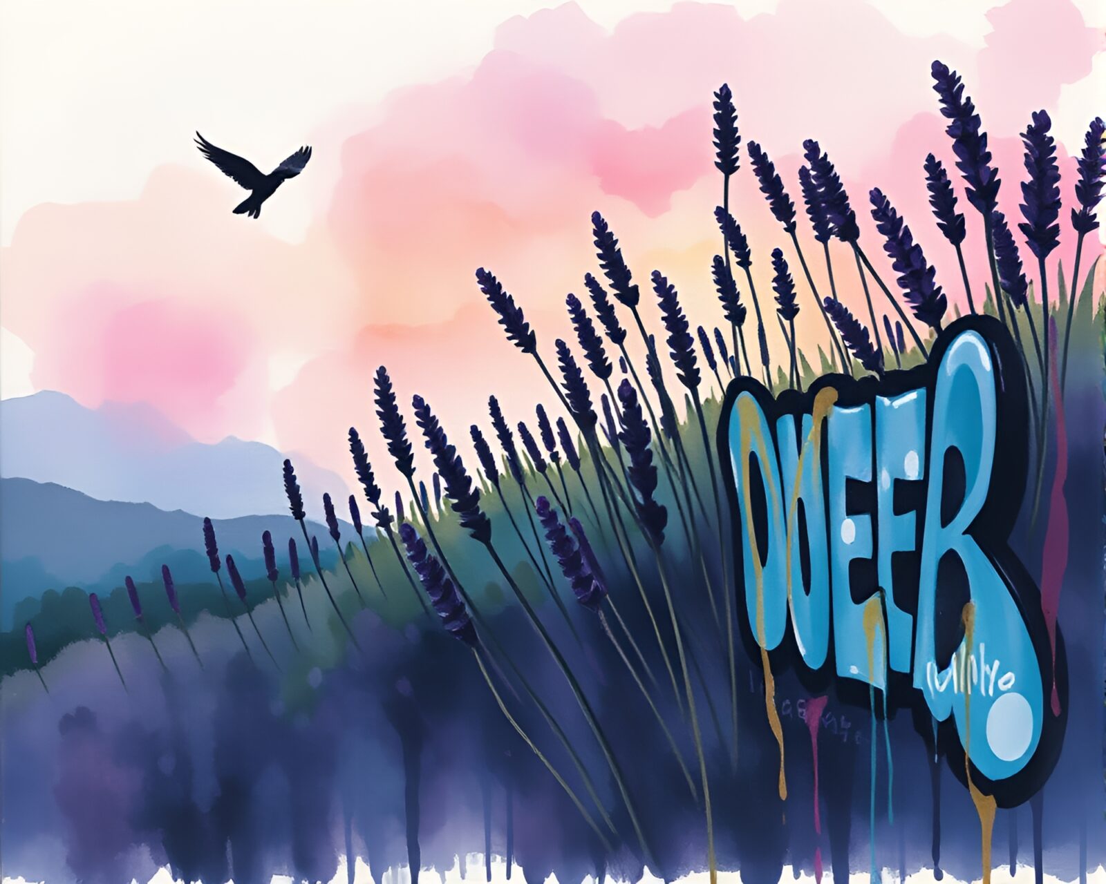 Lavender twilight scene with wildlife watercolor siren surrounded by graffiti drips