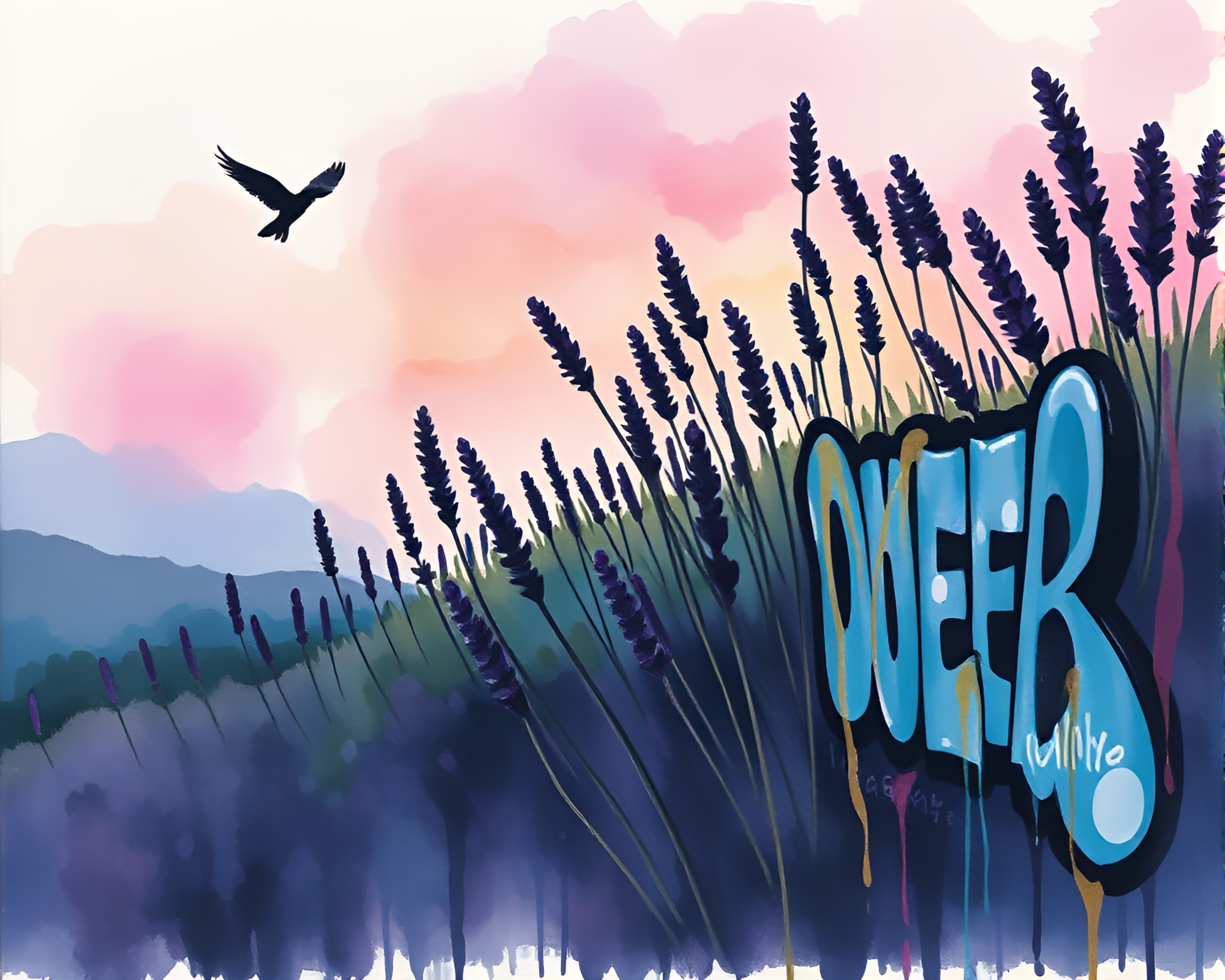 Twilight Siren Graffiti Drips Wildlife Watercolor Art – free AI stock image