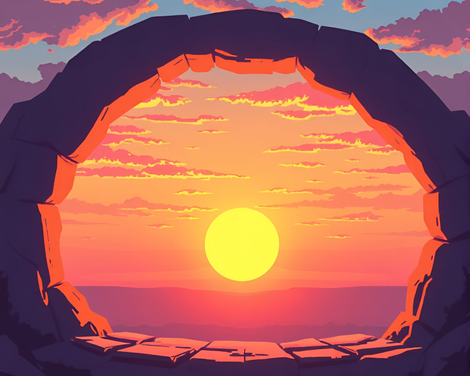 Retro pixel art of stone circle at sunrise with fabric folds