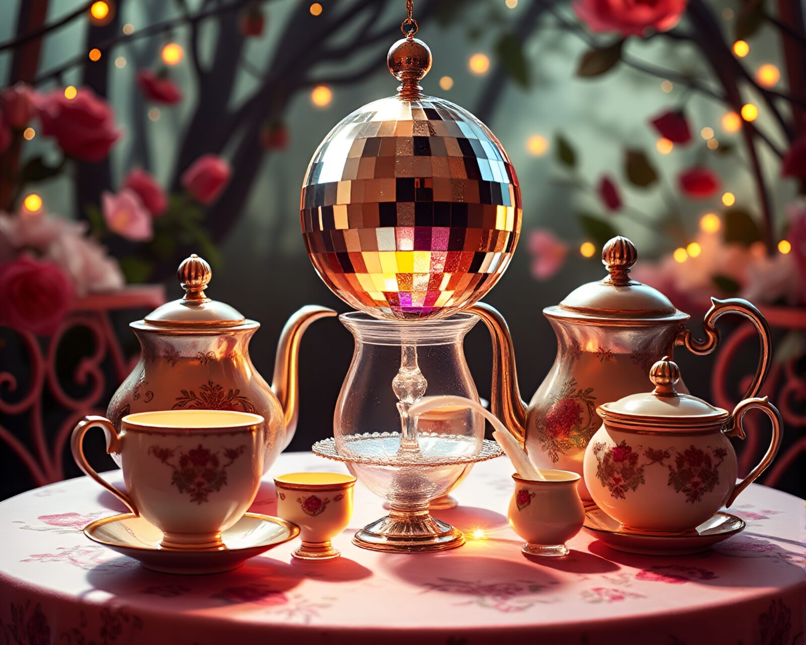 Vector art of whimsical tea set under disco ball