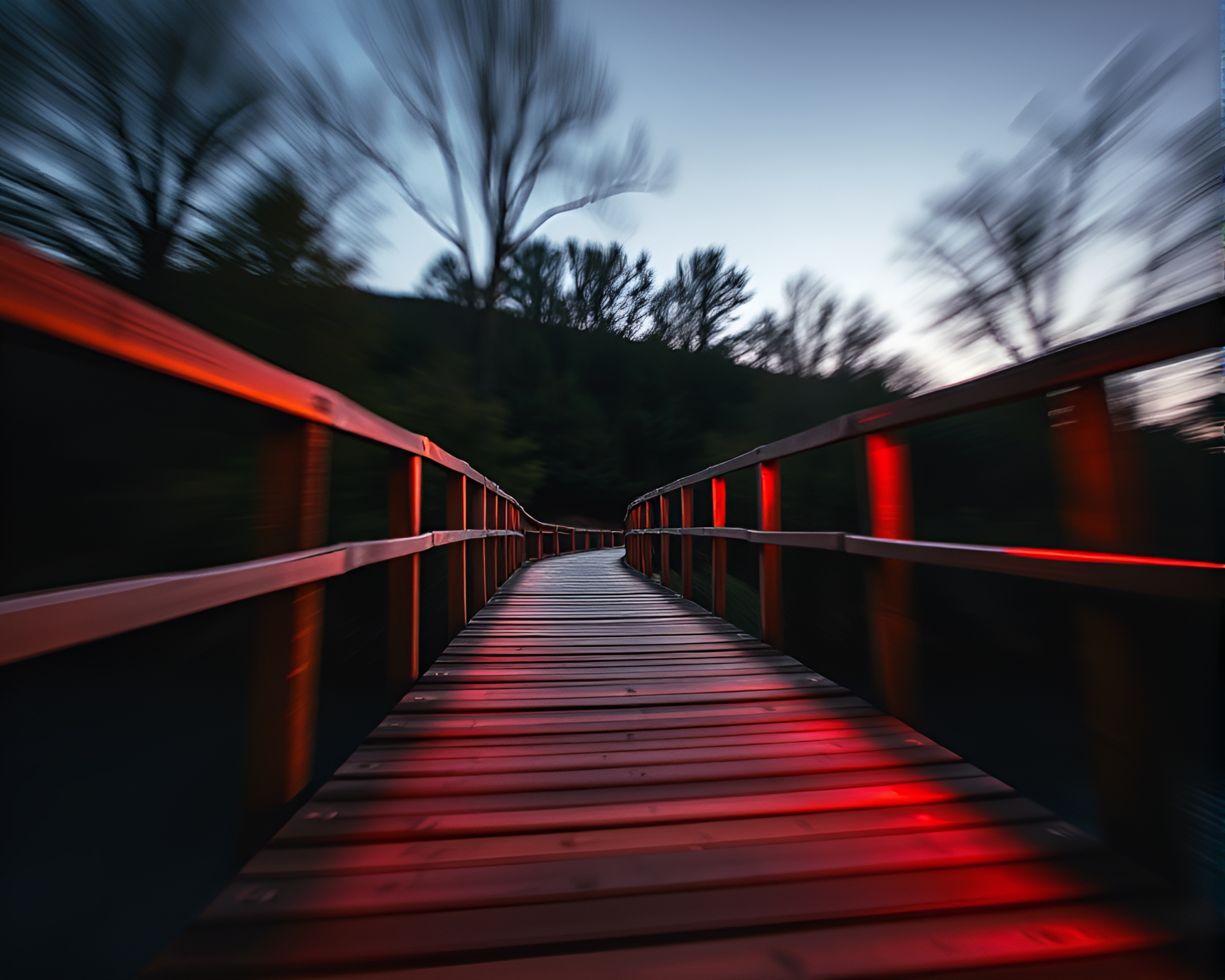 Neon Wooden Bridge with Pan Motion Blur – free AI stock image