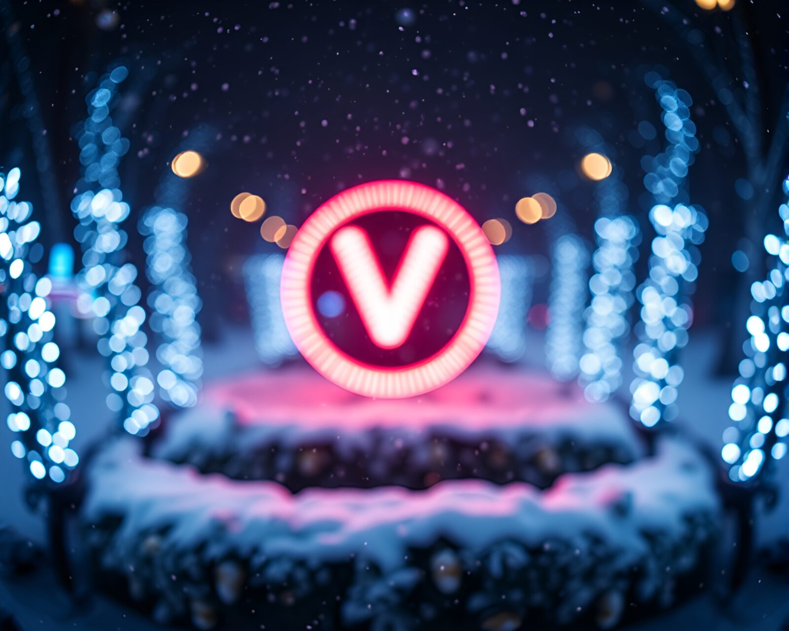 Neon sign glowing amidst freshly fallen snow flakes