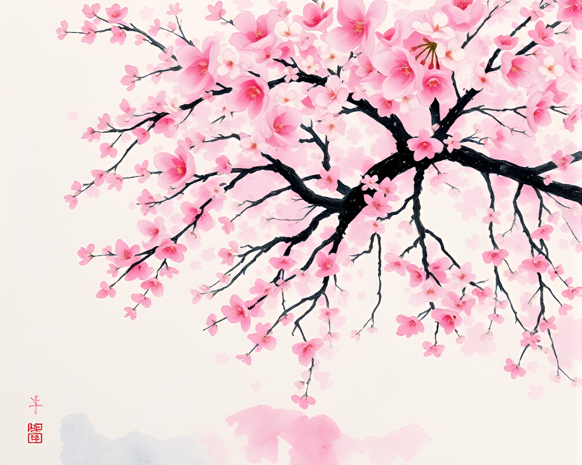 Iridescent Cherry Blossom Tree Reflecting on Wet Pavement – free AI stock image