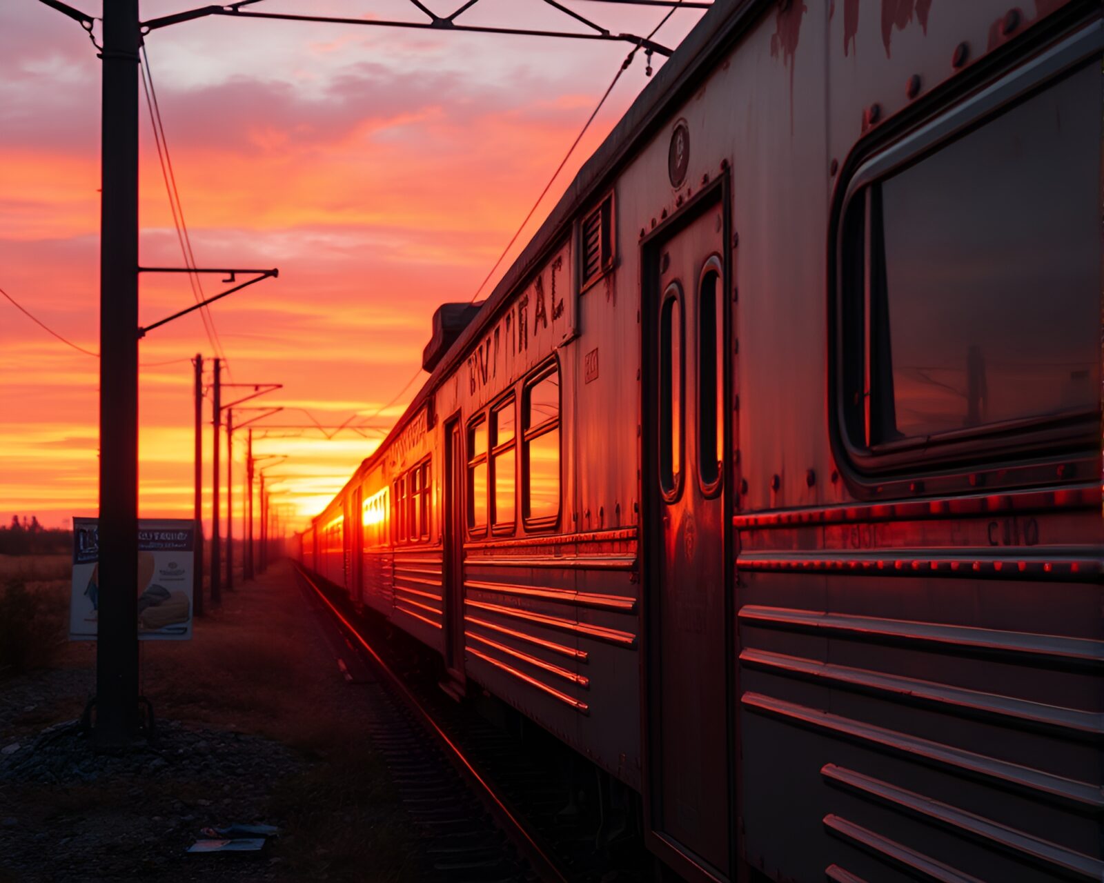 Retro-futuristic train caked in rust under warm sunset