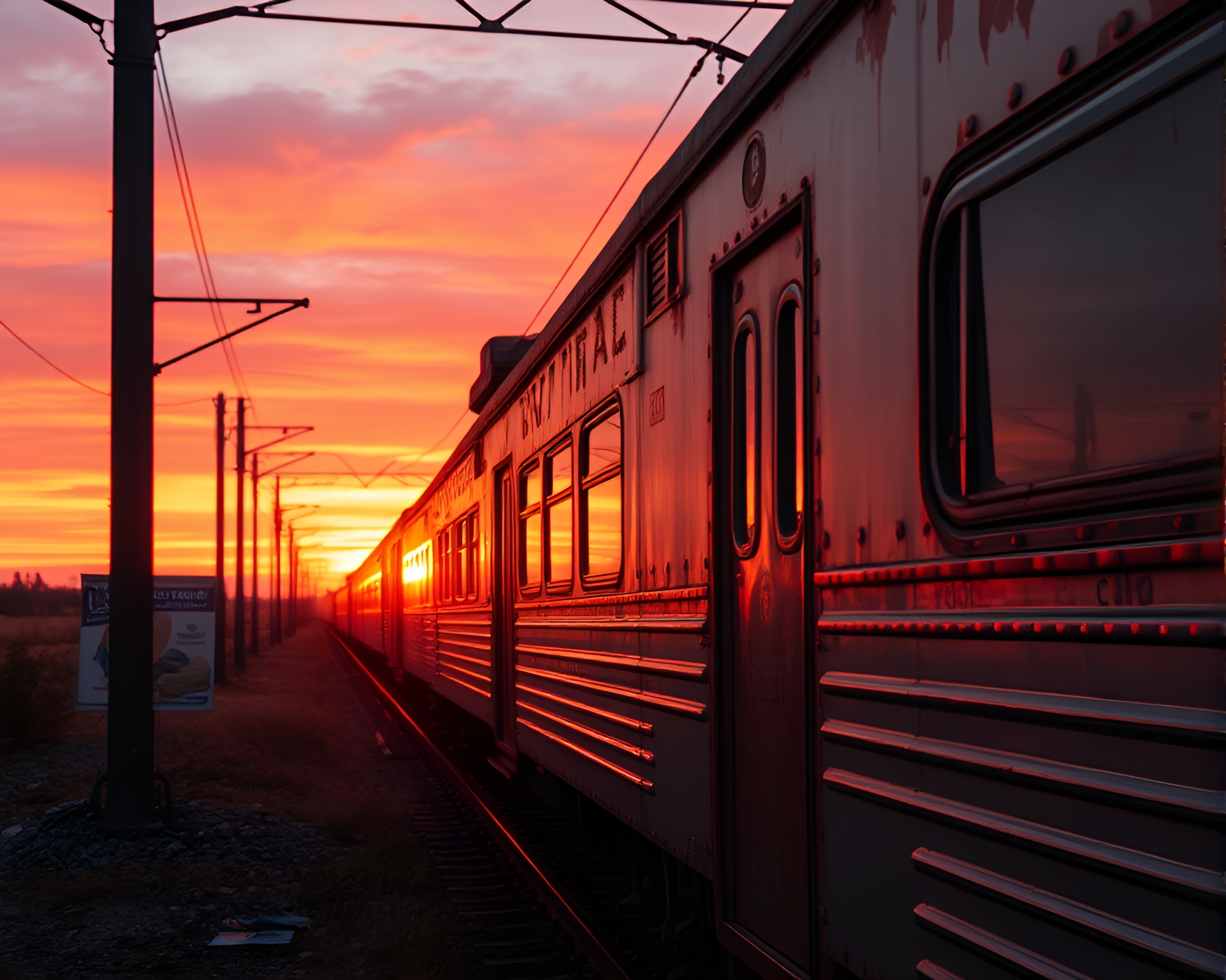 Synthwave Train Glowing in Rust Patina Sunset – free AI stock image