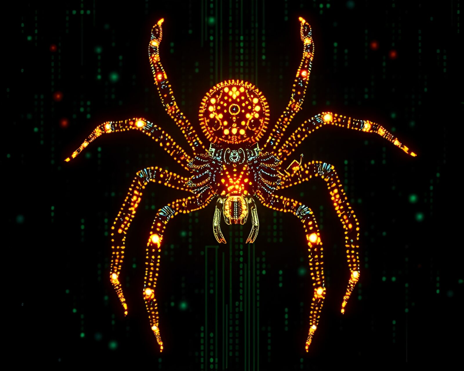 High-key lit steampunk spider web in dot matrix