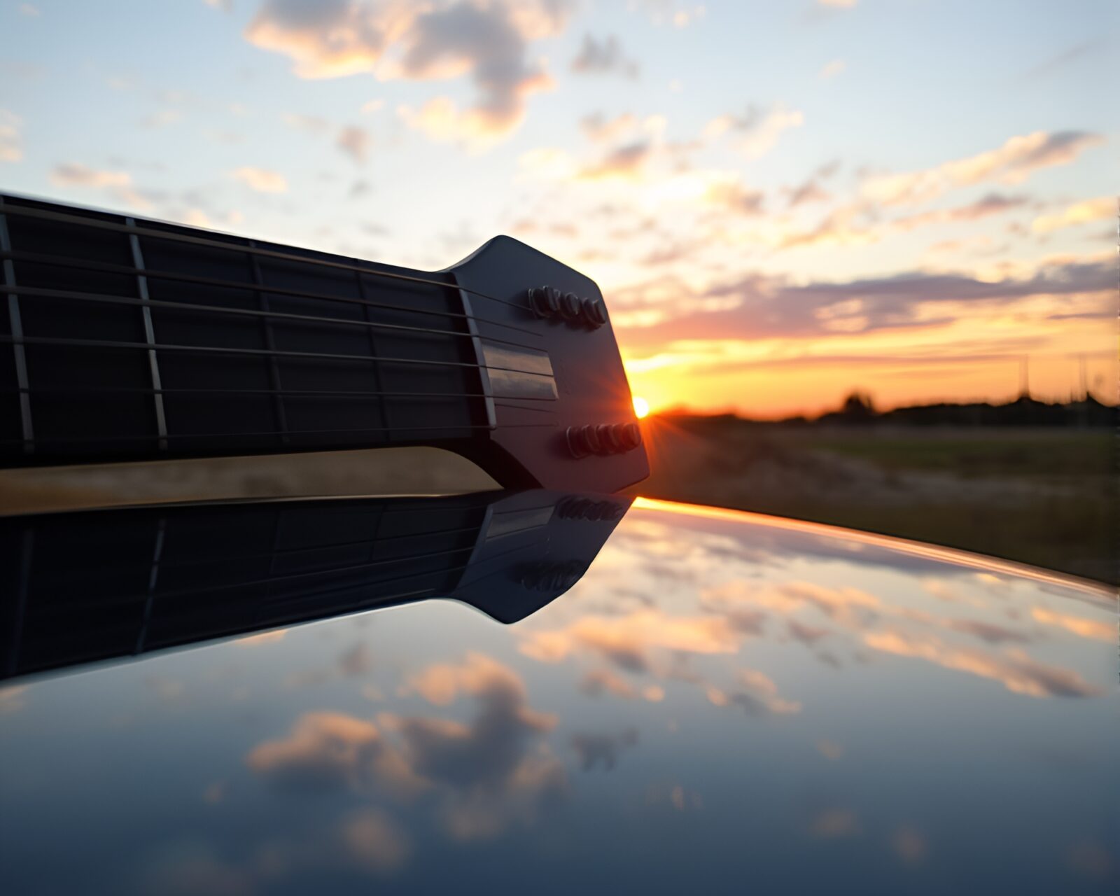 Guitar mirror shard reflecting pastel sky at sunrise
