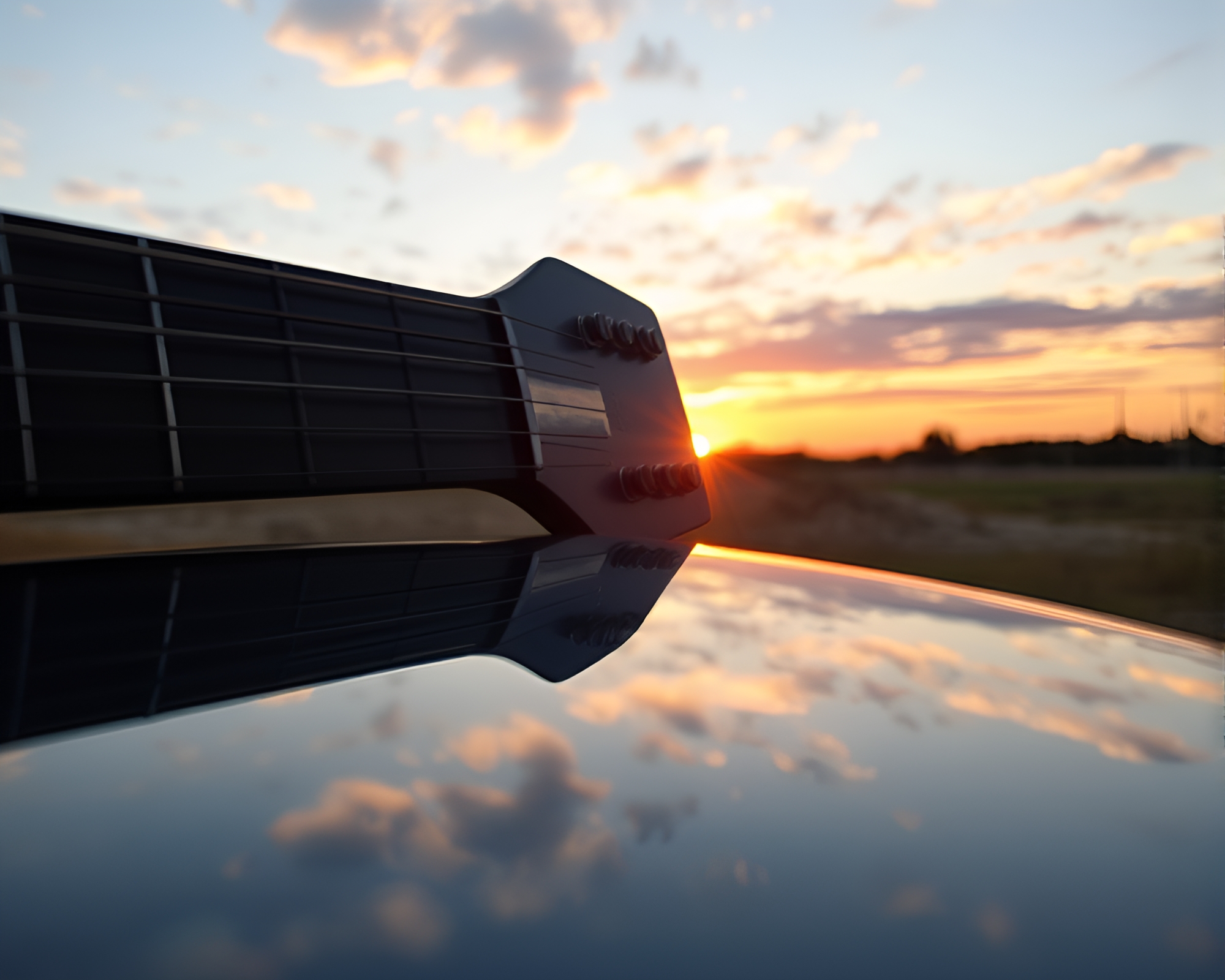 Hatching Guitar Reflection at Sunrise – free AI stock image