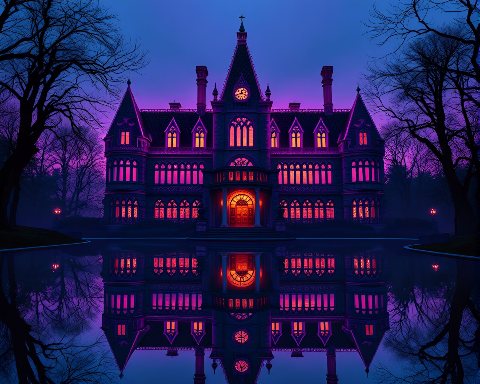 Purple-toned retro-futuristic scene with mansion and reflections