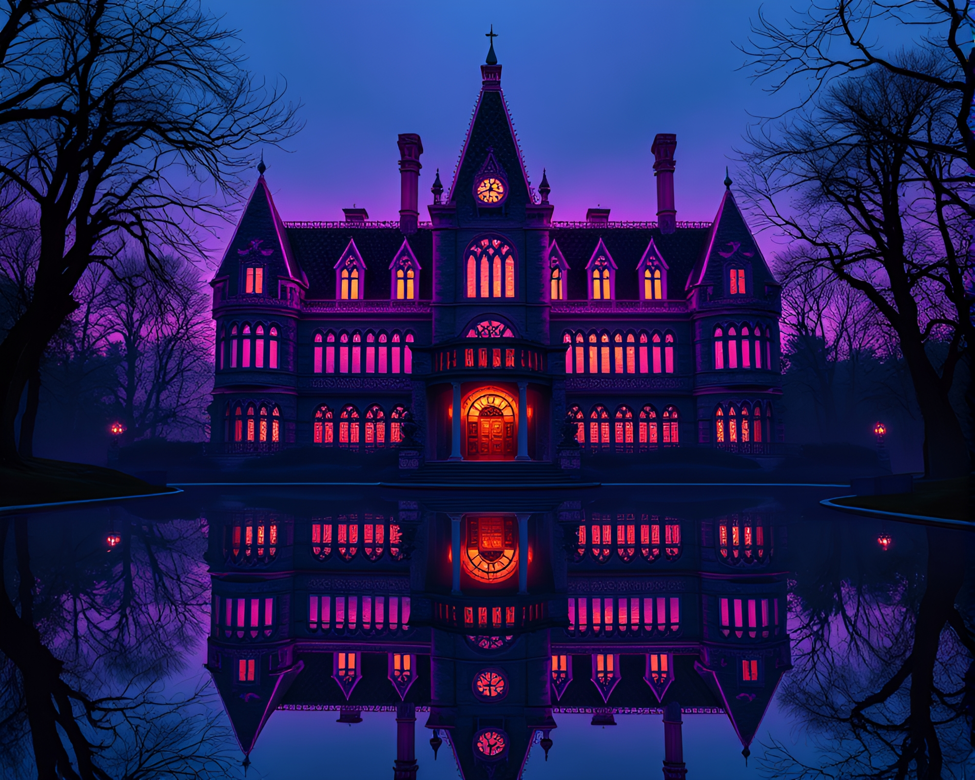 Twilight Reflections at Neo-Gothic Mansion – free AI stock image