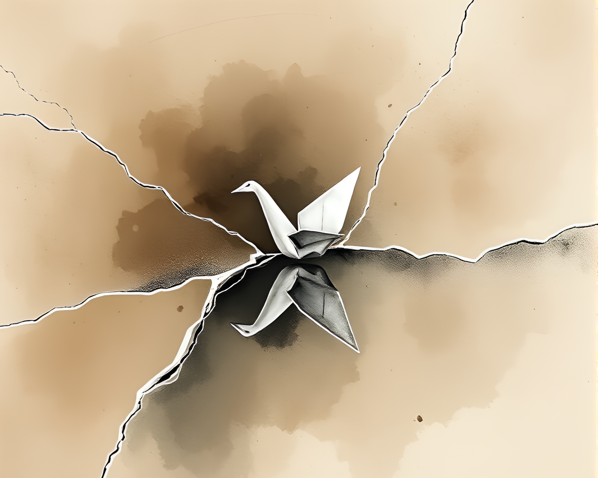 Ice Reflection Crack with Origami Crane in Ink Wash – free AI stock image