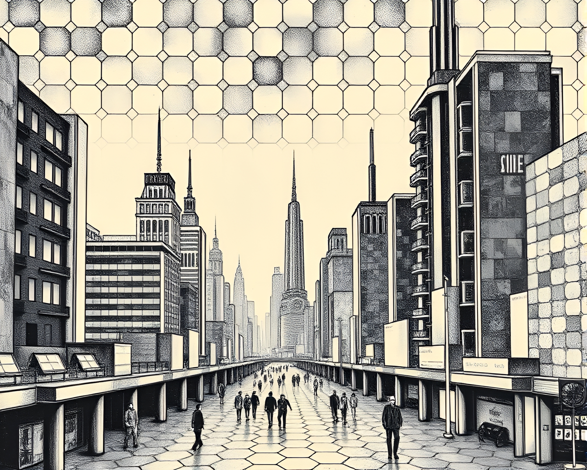 Futuristic Hexagonal Cityscape in Faded Denim Light – free AI stock image