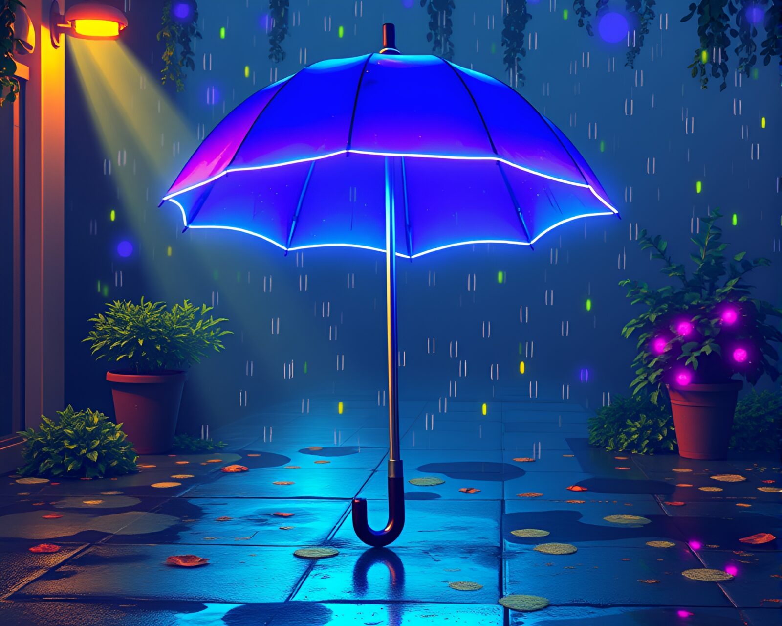 Digital art of neon-lit umbrella in pixelated city