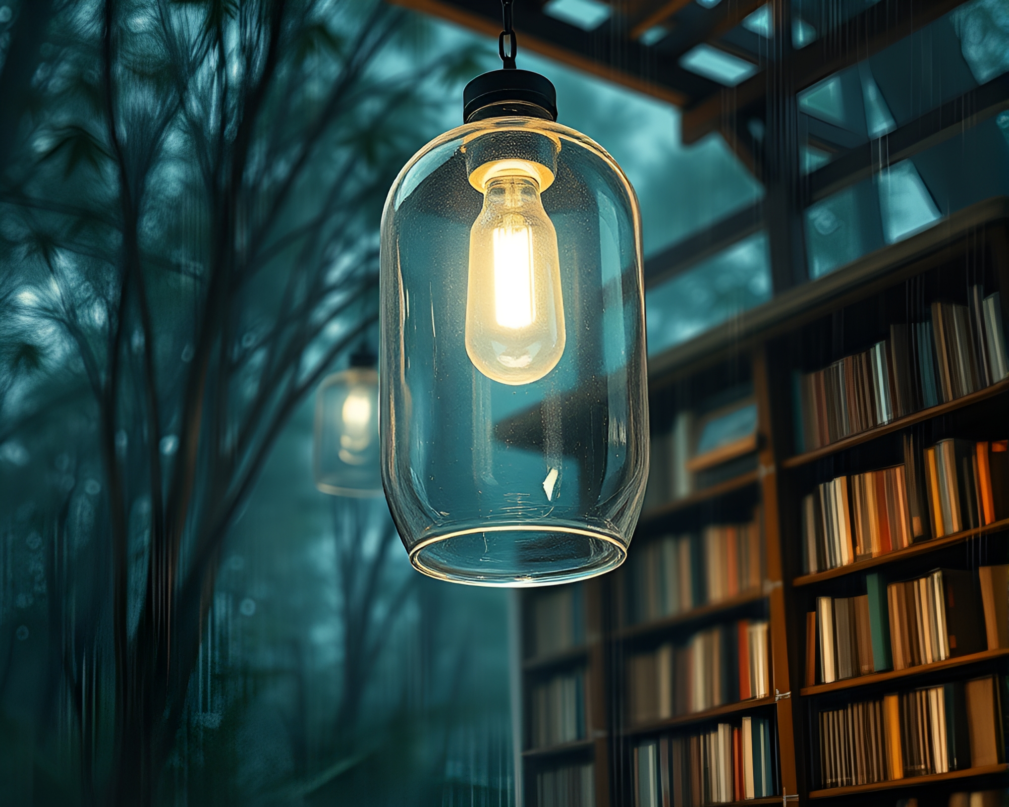 Bamboo Hut Distorted by Glass with Library Lamp Light – free AI stock image