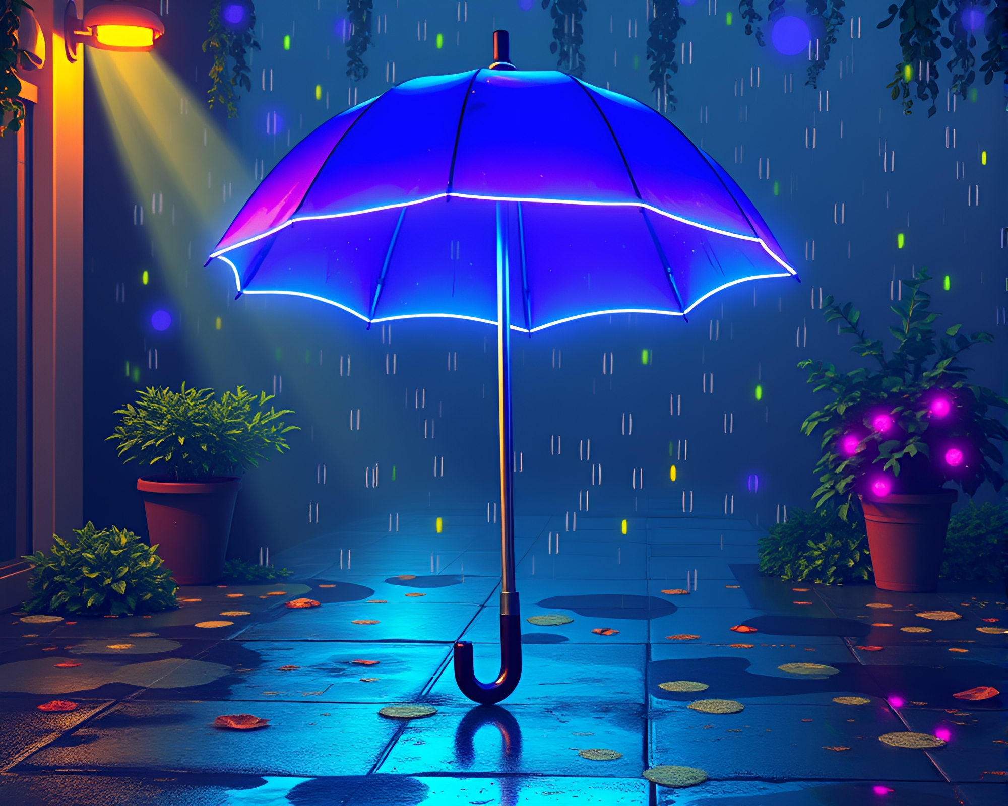 Glowing Umbrella illuminates Pixelated Cityscape – free AI stock image