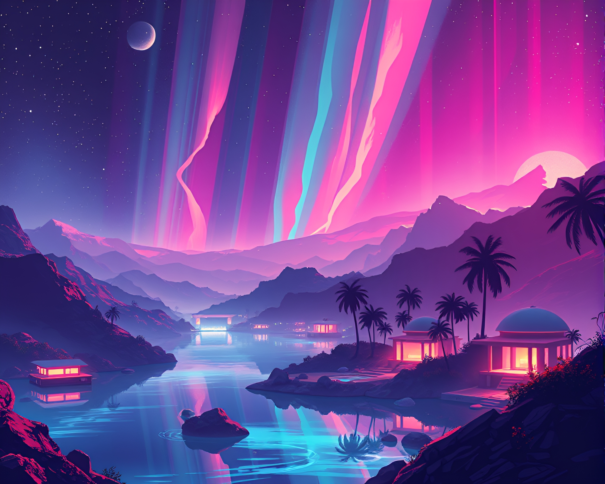 Futuristic Pixelated Oasis with Aurora Hues Illumination – free AI stock image