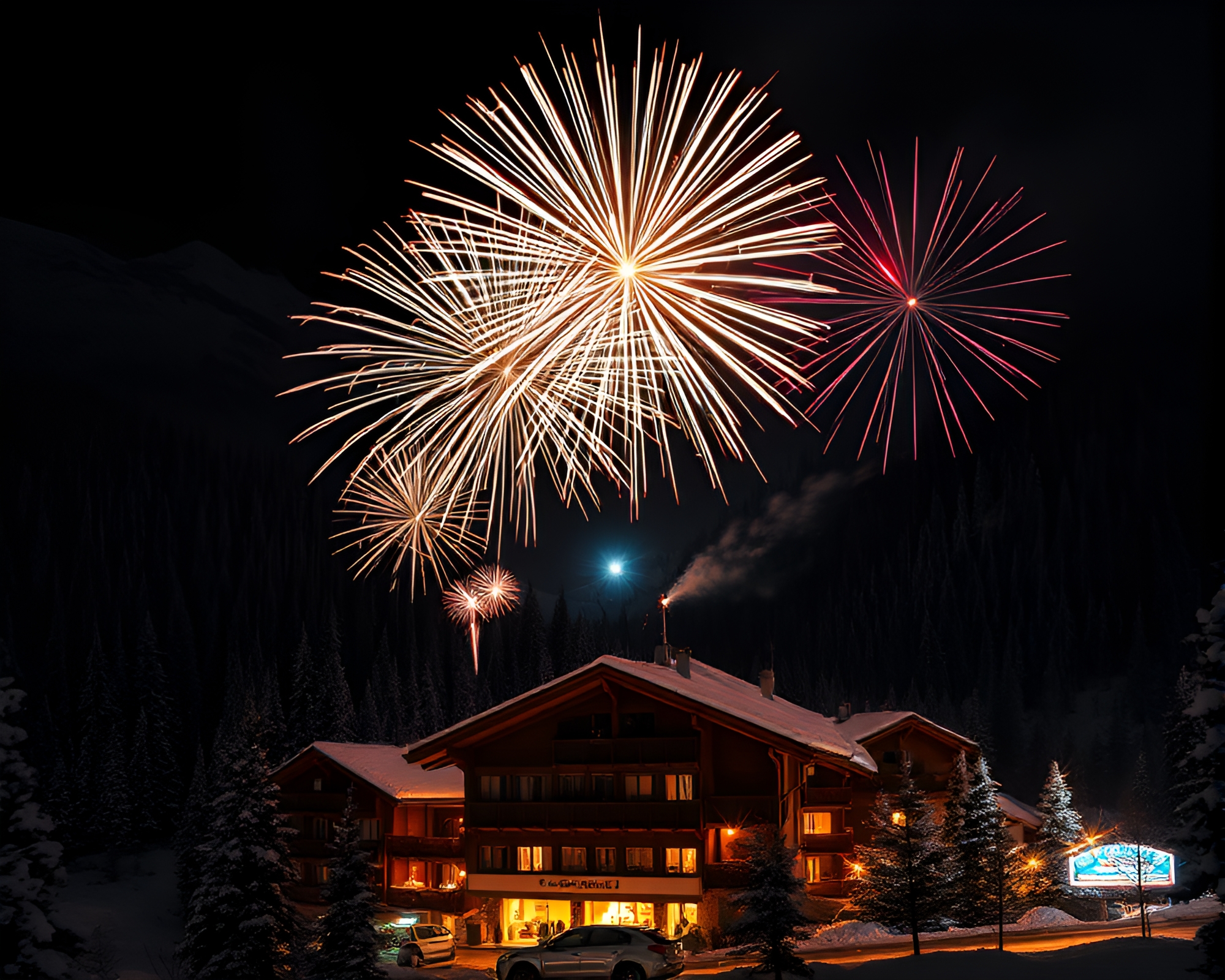 Alpine Chalet Fireworks Spectacular in High-Contrast Noir – free AI stock image