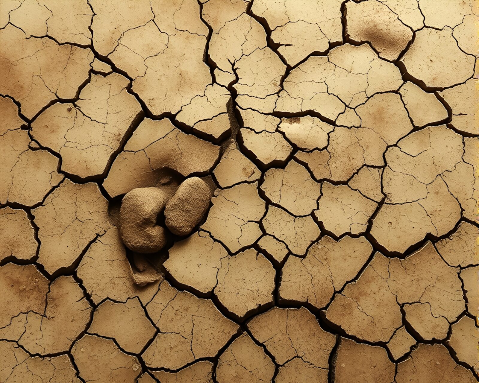 Eerie écorché sculpture on cracked earth under sepia light.