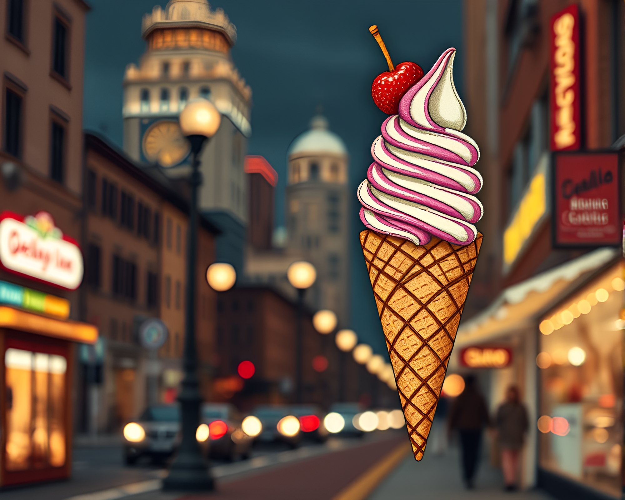 Stitched Gelato Cone under City Lights at Night – free AI stock image