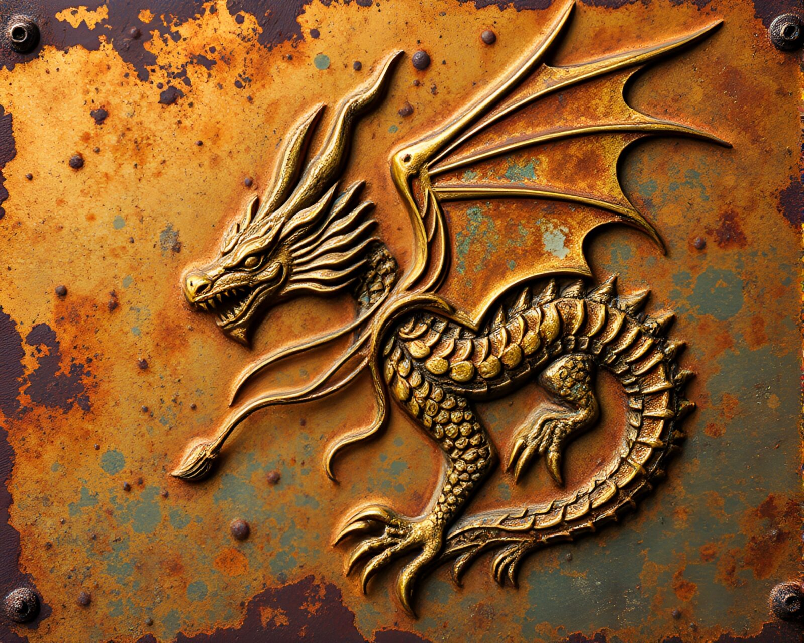Majestic celestial dragon surrounded by rust patina hues