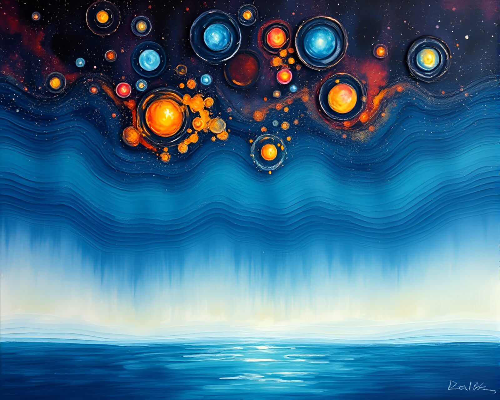 Vibrant oil impasto ridges under celestial nebula with rainy reflections