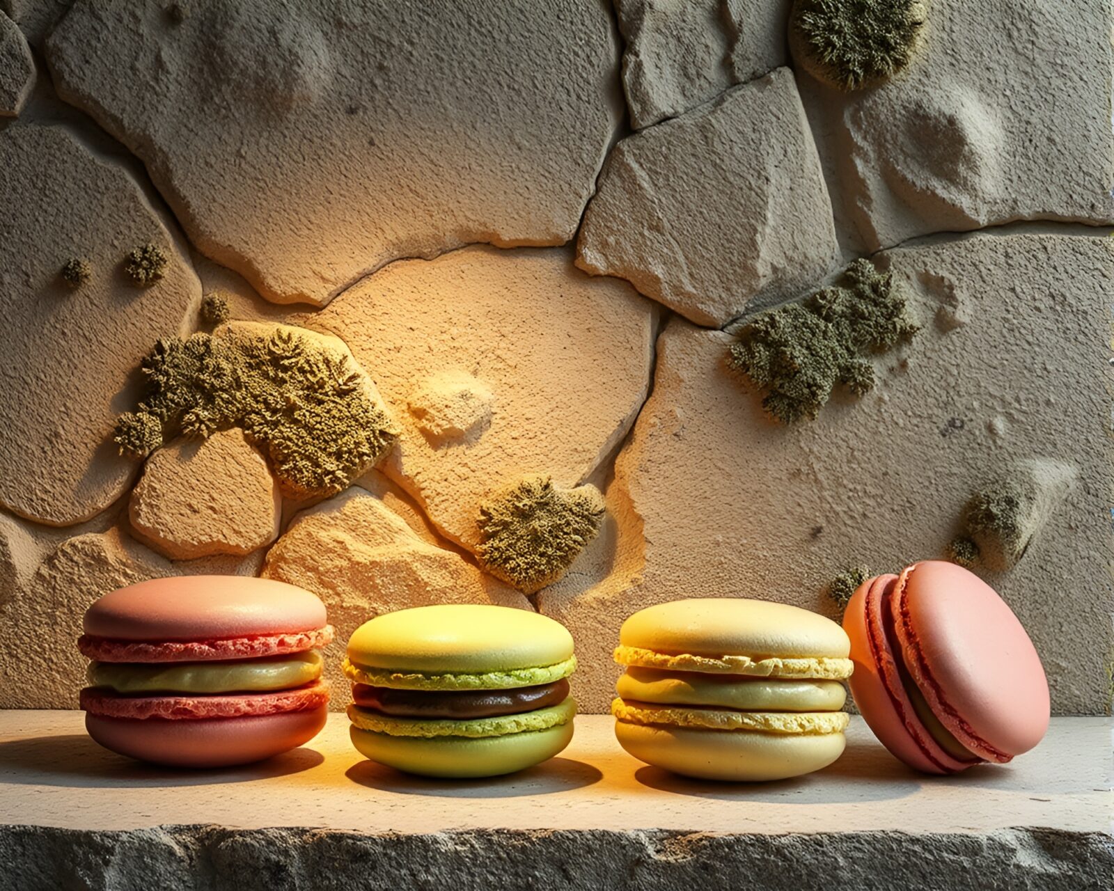 Assortment of colorful macarons under warm library lamp light