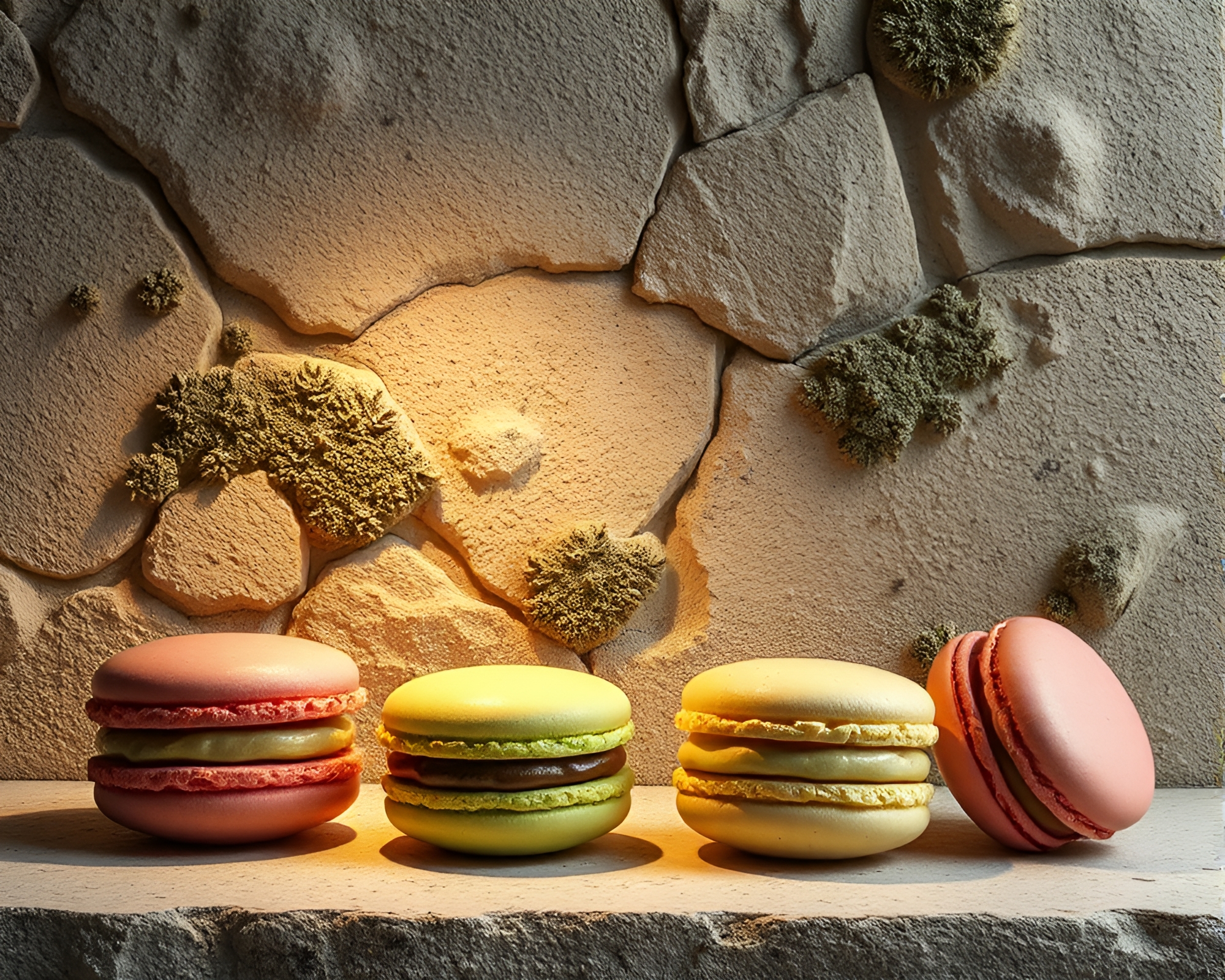 Lichen-Textured Macaron Still Life Glow – free AI stock image