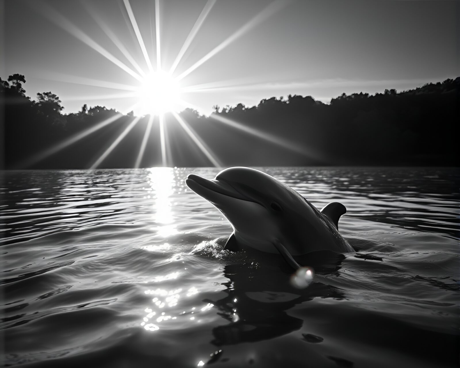Majestic river dolphin illuminated by lens flare in blue tones