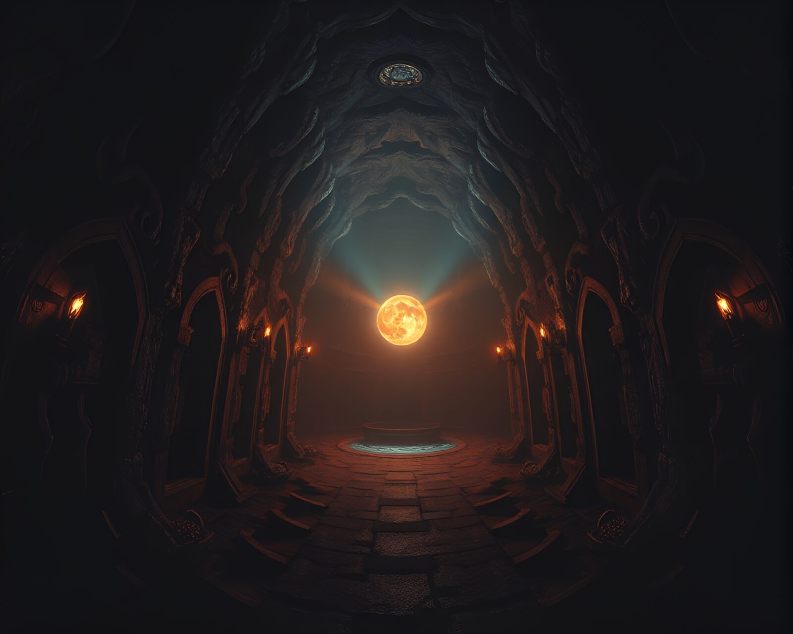 Symmetrical cosmic horror scene with torchlit dungeon in film noir style