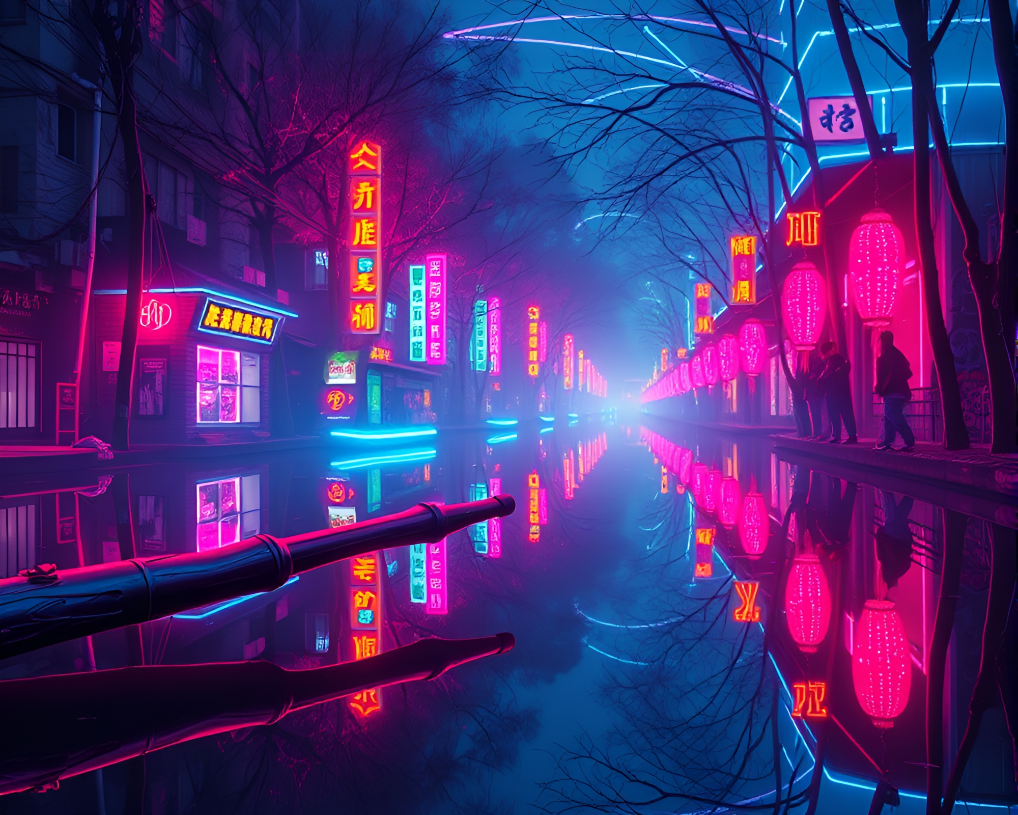 Neon Bamboo Flute Serenade in Comic Book Style – free AI stock image