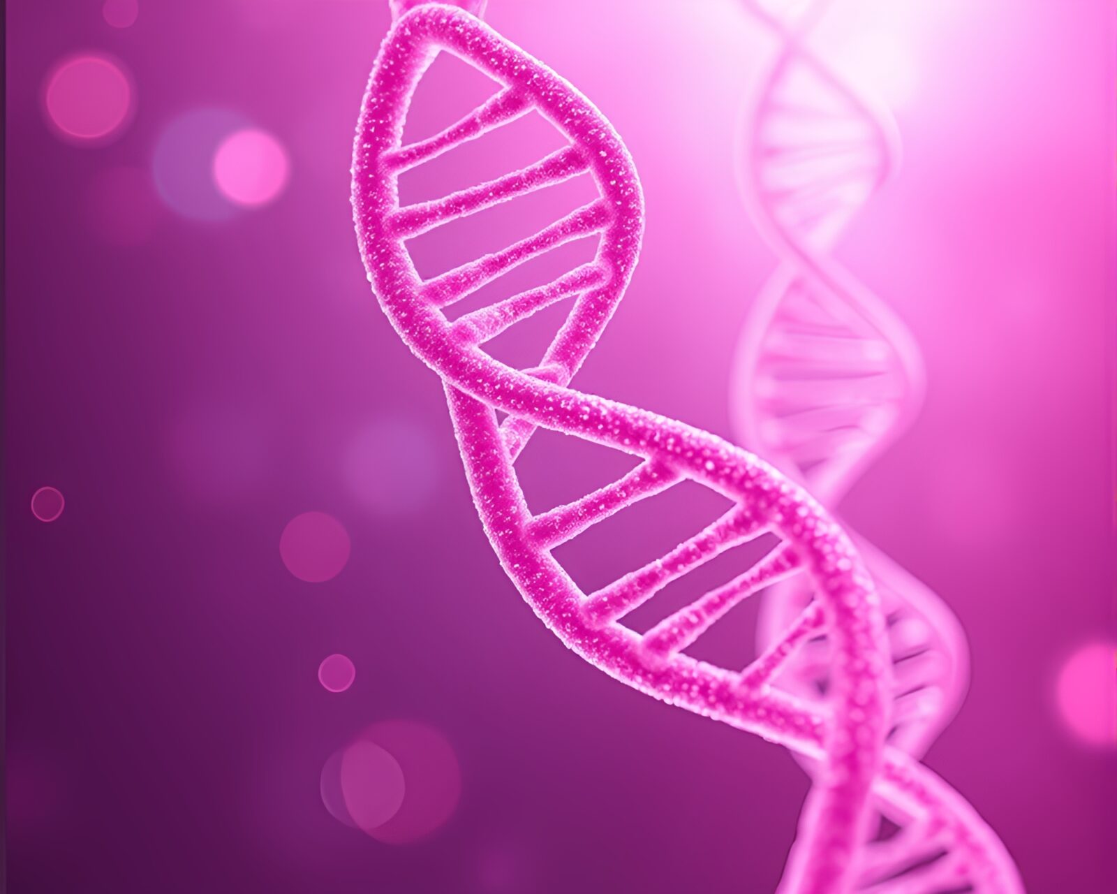 Illustration of a cyberpunk DNA helix in soft pink hues with chromatic distortion