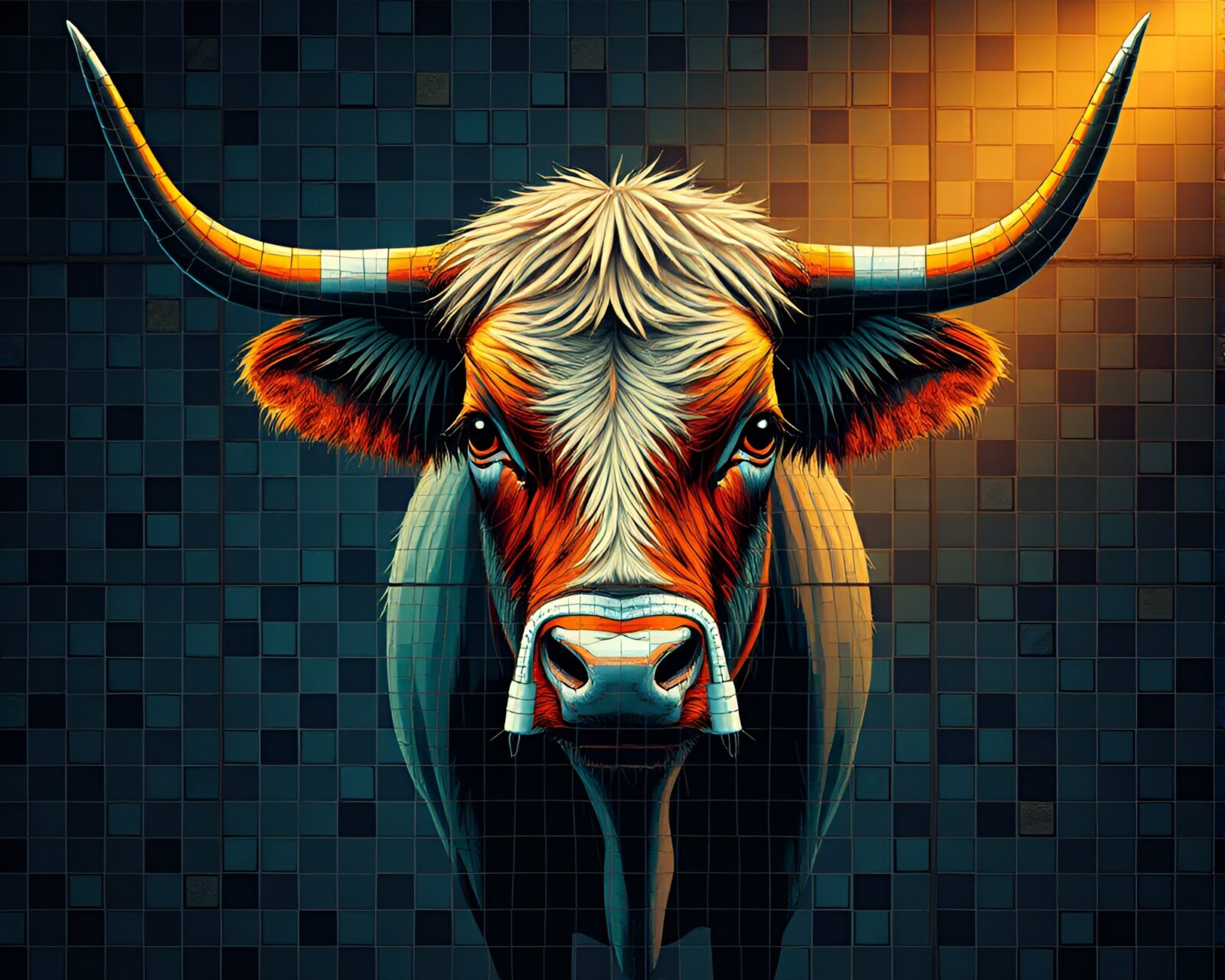 A mesmerizing cyberpunk illustration of a Highland cow in mosaic tiling with spotlight glare.