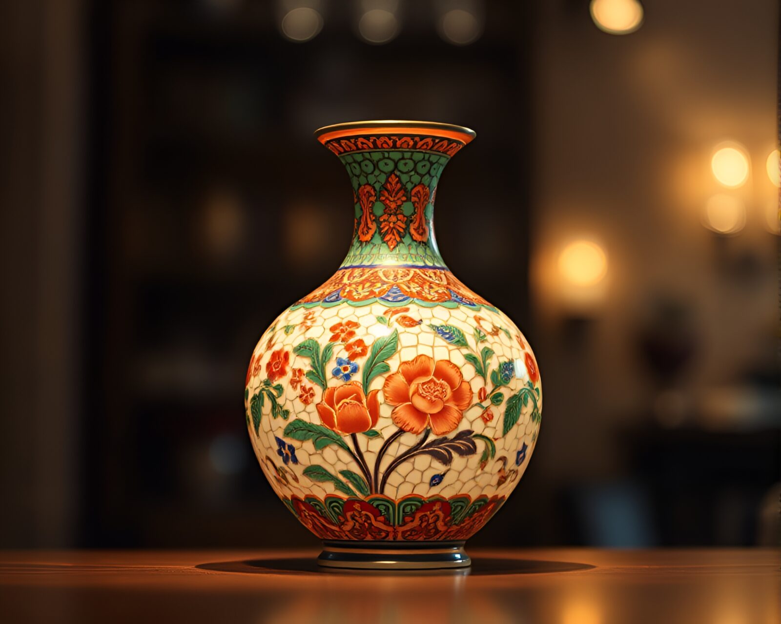 Miniature tilt-shifted scene of cloisonné vase under mosaic lighting