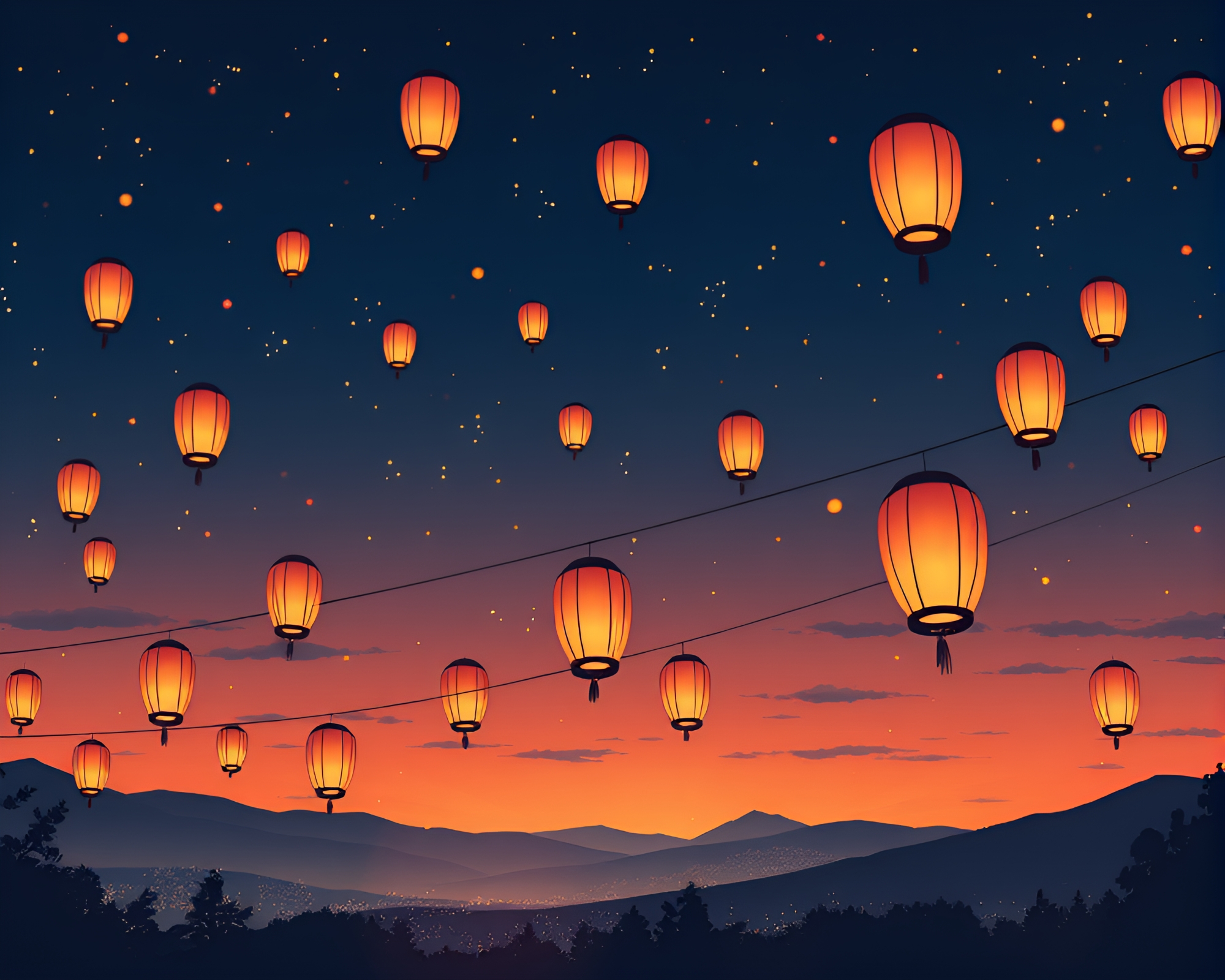 Twilight Manga Scene with Floating Lanterns and Screenprint Dots – free AI stock image