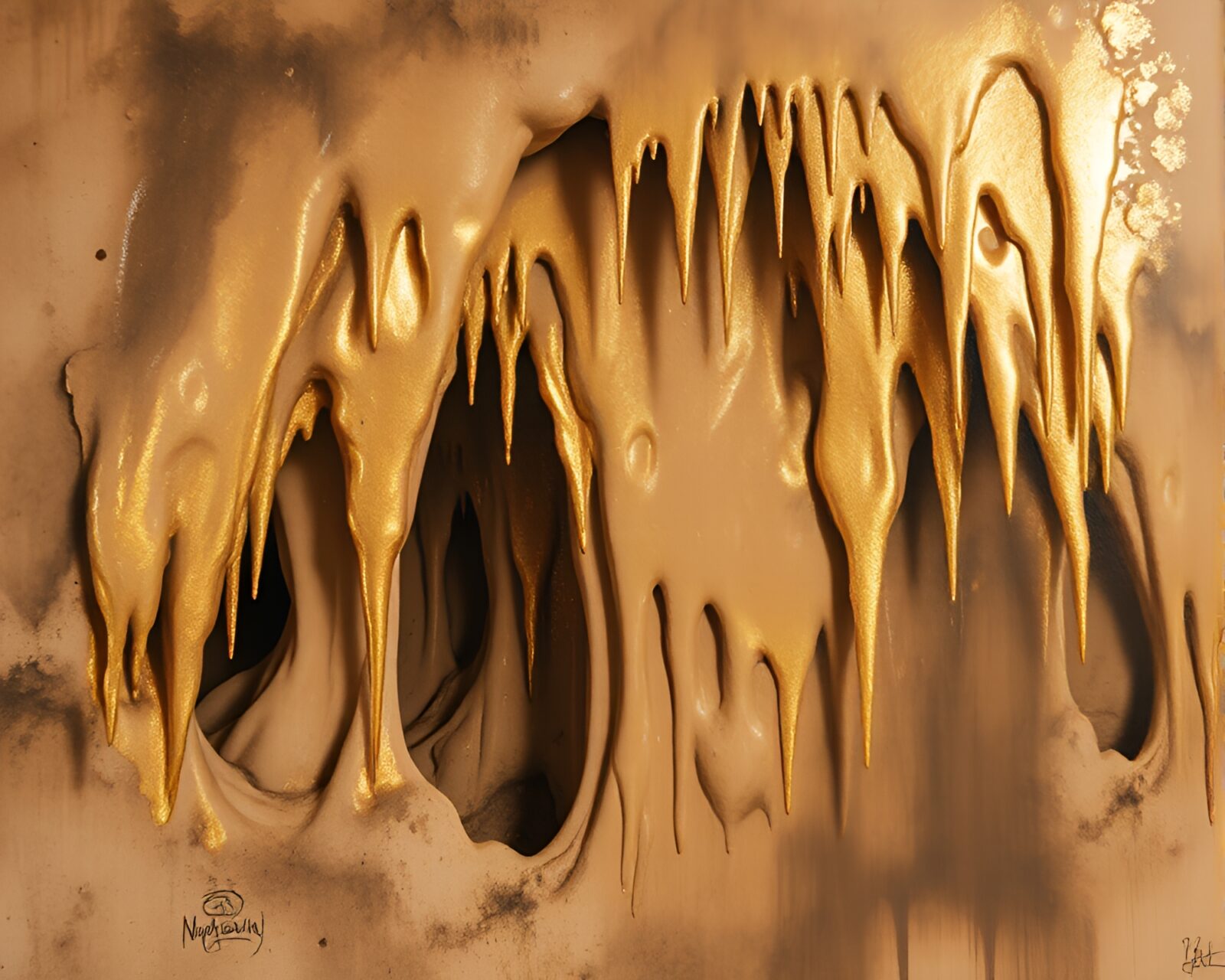 Sepia toned cave with golden stalactites and graffiti art