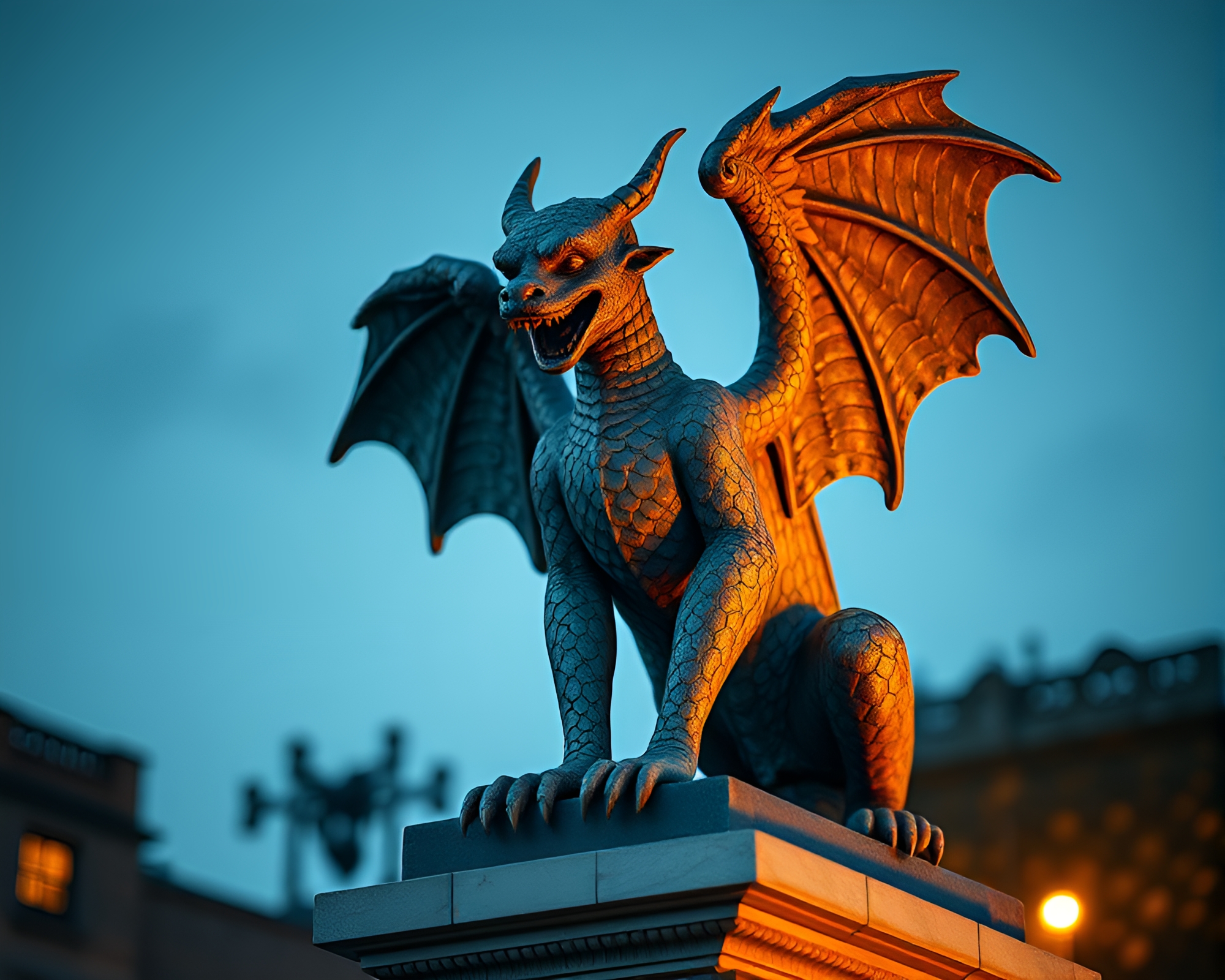 Pointillist Gargoyle Statue in Fluid Shadows – free AI stock image