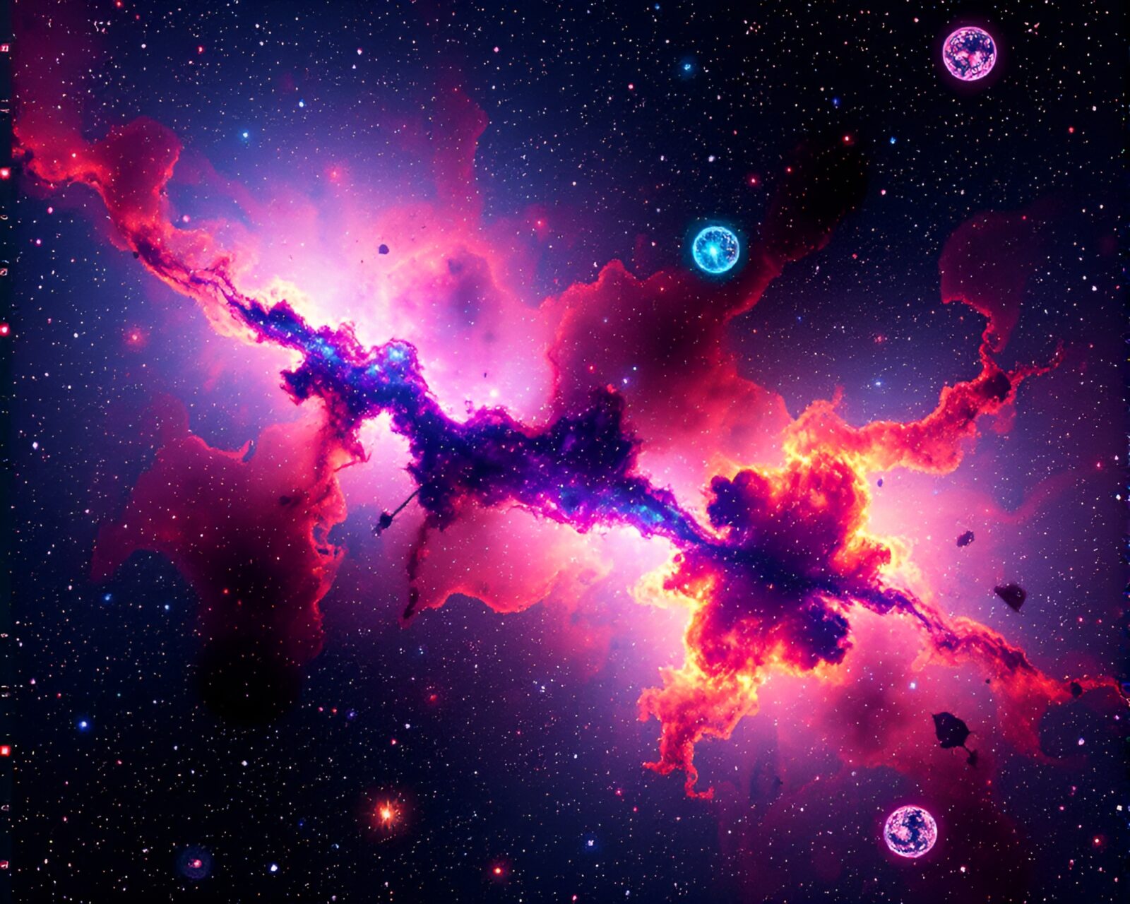 Colorful celestial nebula surrounded by digital mosaic fragments