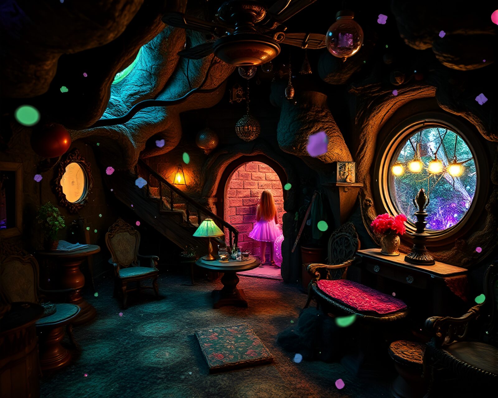 Colorful kaleidoscope fairy surrounded by pop art fragments in dim basement